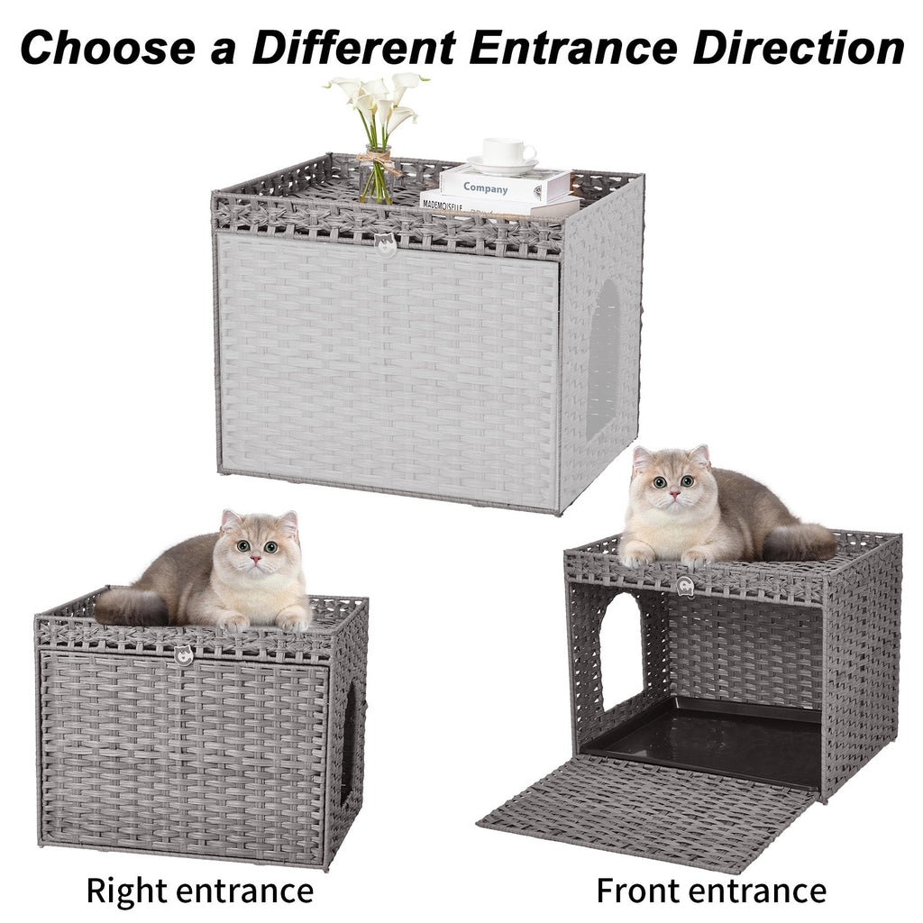 Garvee Handwoven Rattan Cat Litter Box Cabinet – Large Covered Enclosure with Removable Mat and Fence – Stylish Hidden Litter Furniture for Living Room or Apartment, Easy Assembly – Grey