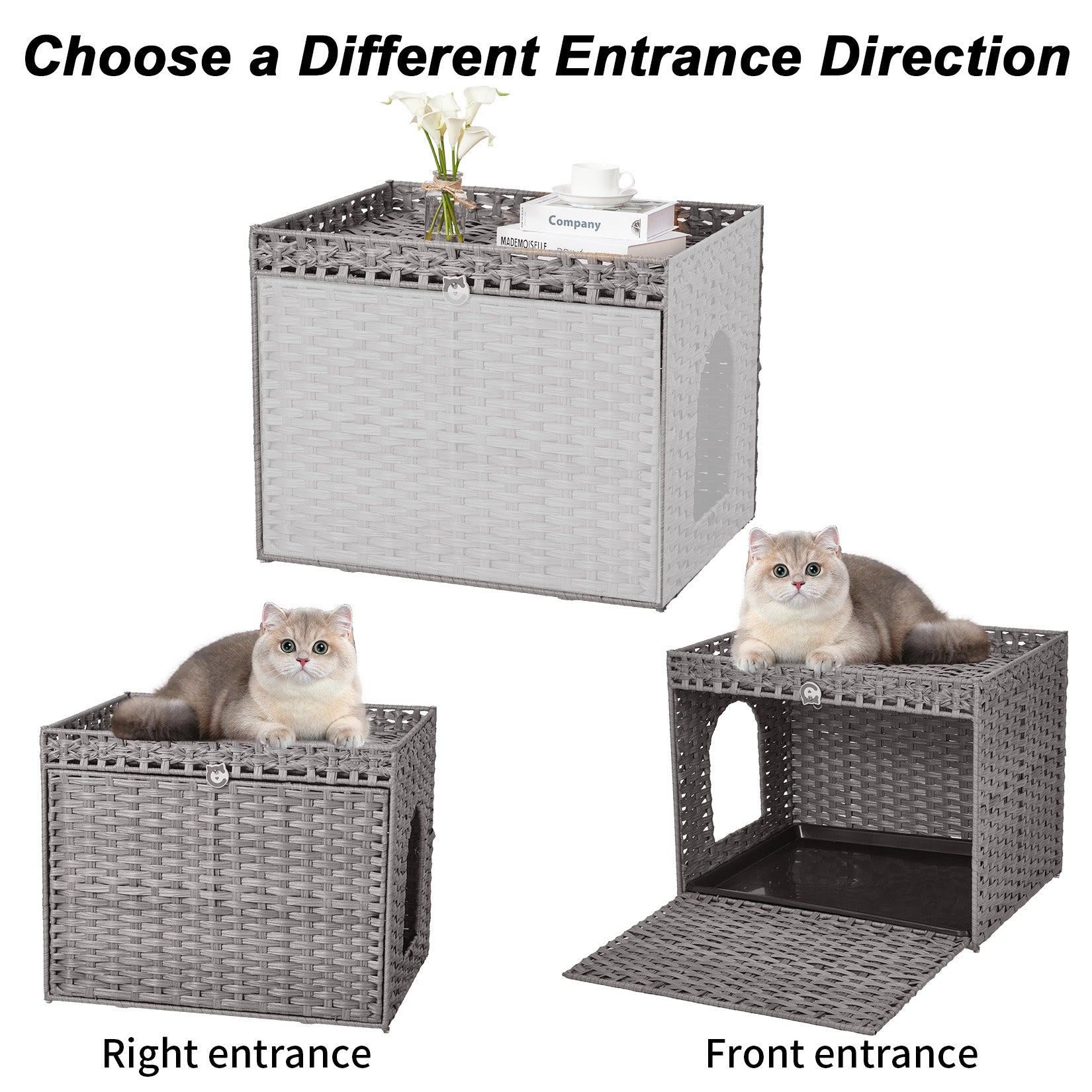 Garvee Handwoven Rattan Cat Litter Box Cabinet – Large Covered Enclosure with Removable Mat and Fence – Stylish Hidden Litter Furniture for Living Room or Apartment, Easy Assembly – Grey