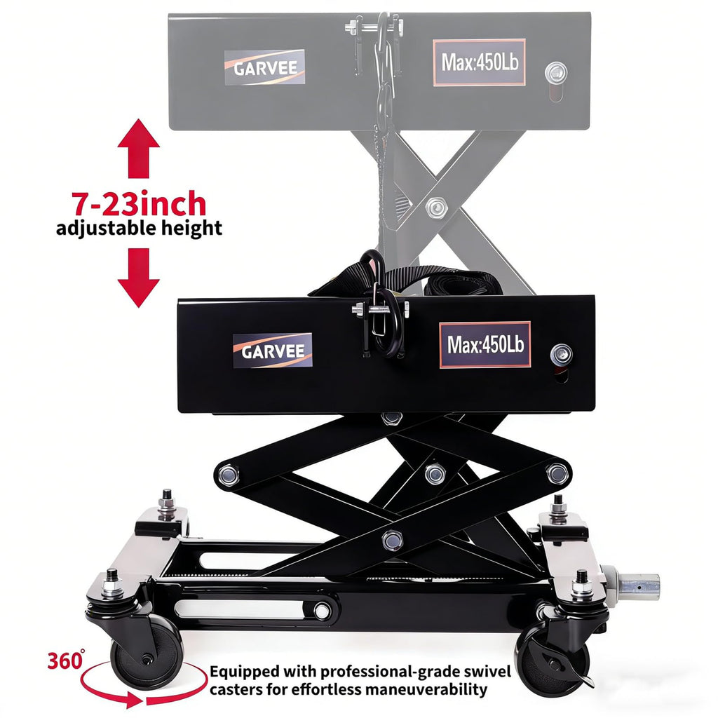 Garvee 450 lbs Transmission Jack - Low-Profile 7"-23" Lift, Heavy-Duty Steel Design with Safety Straps and 4 Swivel Wheels for Garage Use, Black
