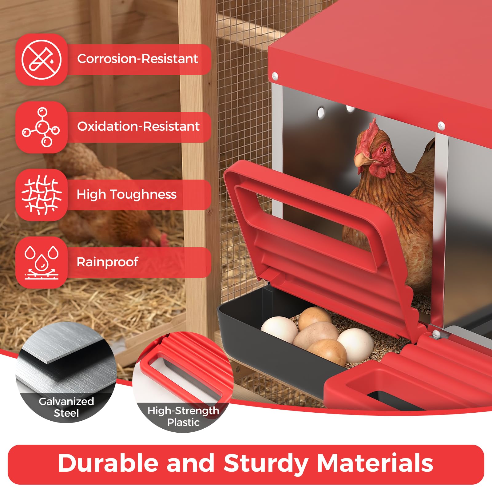 Garvee 3-Hole Metal Chicken Nesting Box, Roll Away Poultry Laying Box with Sloped Roof, 31.5"x20.5"x16.9", Red