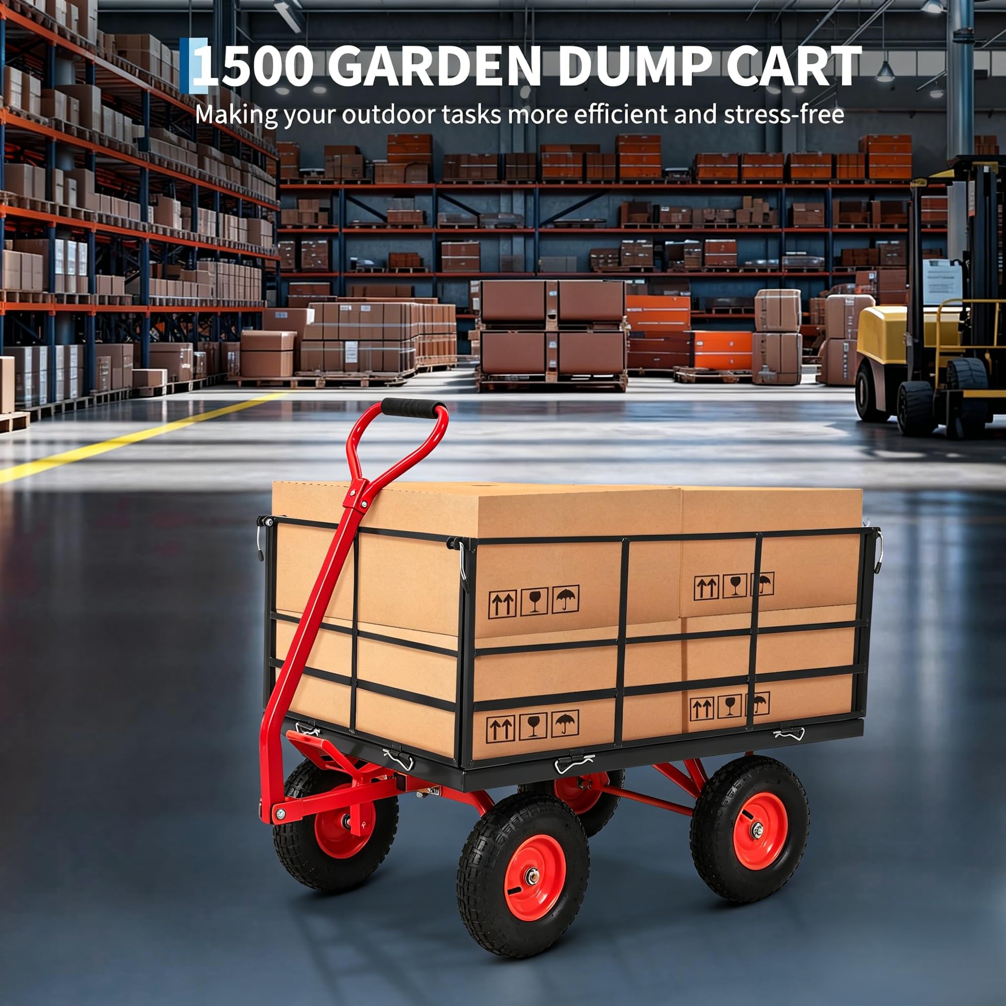 Garvee Steel Garden Cart for Lawn and Landscaping, 1500 lbs Capacity with 13-Inch Wheels, Removable Sides and Swivel Handle, Red and Black