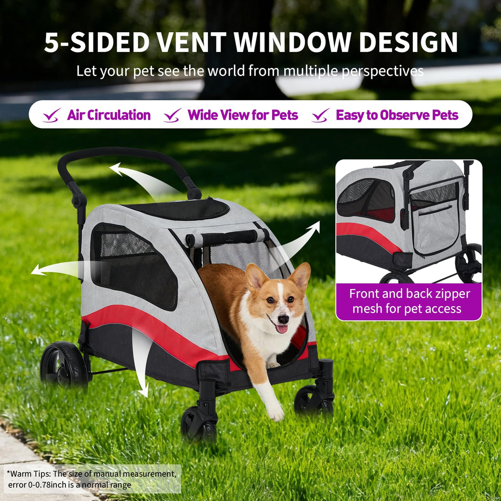 Garvee Foldable Dog Stroller, Large Dog Carrier with 360° Wheels, Adjustable Handle & Storage Pocket, Portable Puppy Travel Strollers, Pet Wagon for Large Dogs, 135 Lbs Capacity, Red
