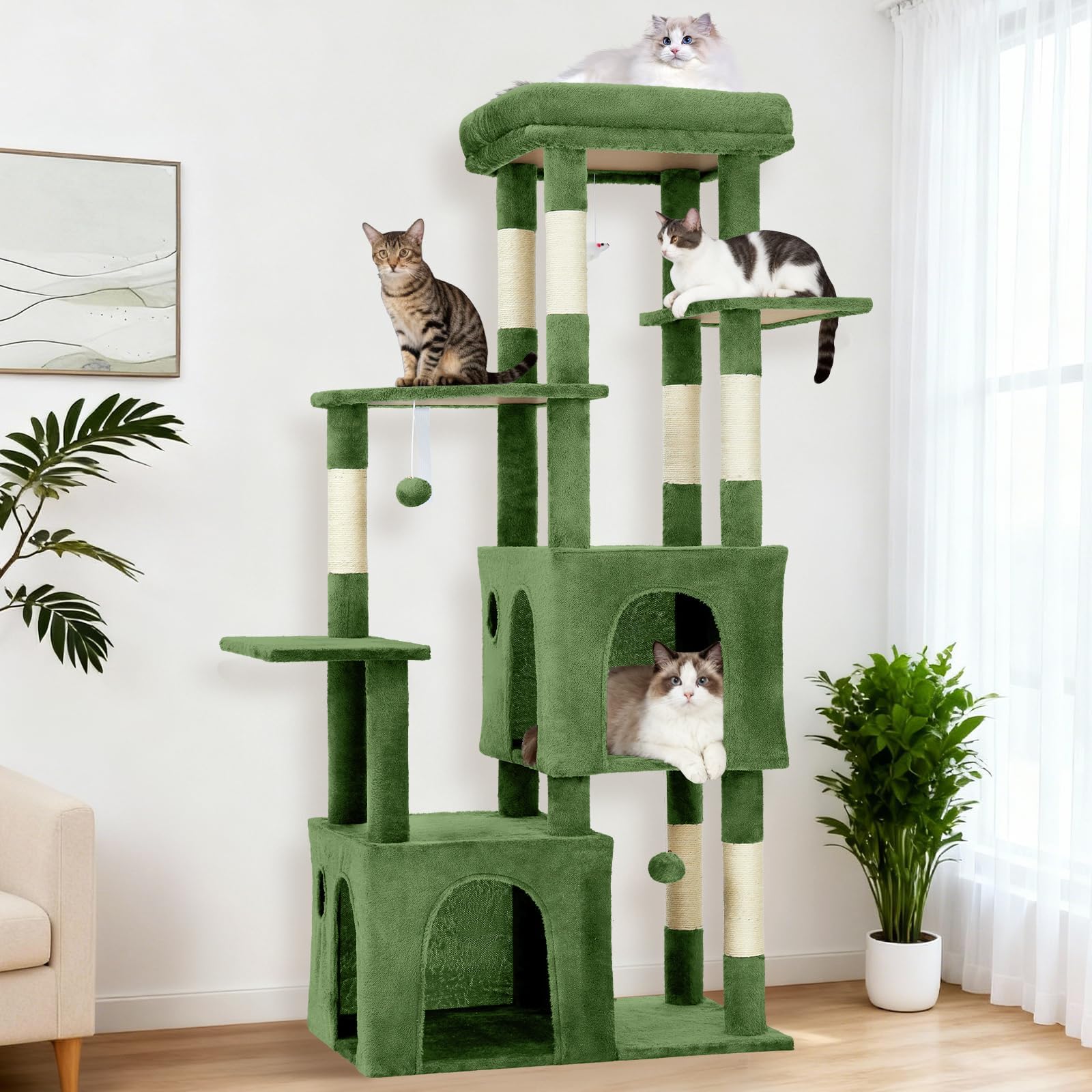 Garvee 61" Multi-Level Cat Tree for Indoor Cats, Heavy-Duty Tower for Large Adult & Maine Coon Cats with Oversized Perch, Dual Condos, Natural Sisal Scratching Posts & Play Toys – Green