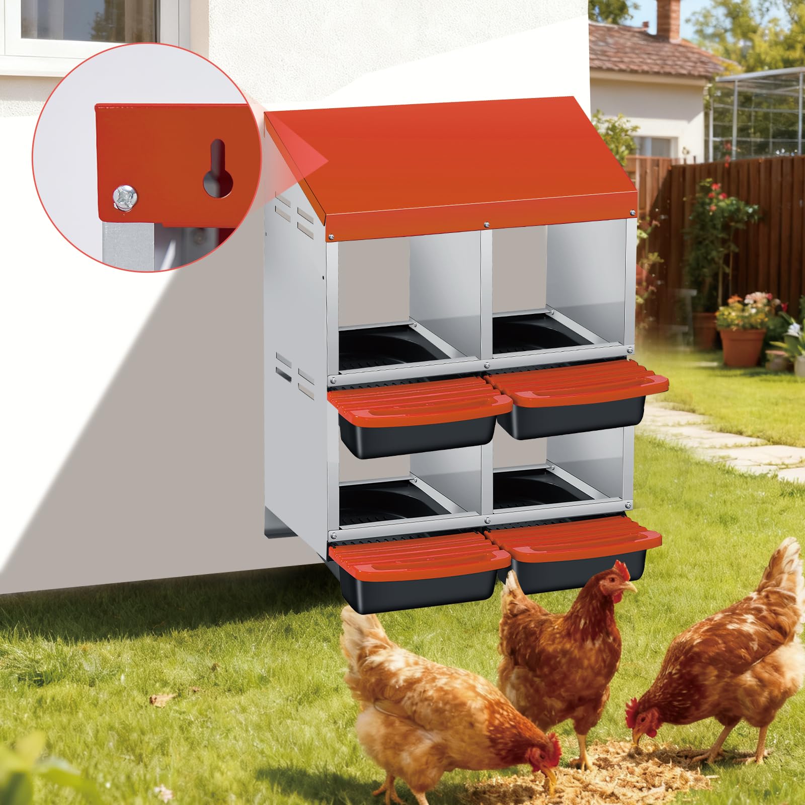 Garvee 4-Compartment 2-Tier Chicken Nesting Box – Roll-Away Tray & Support Stand, Orange