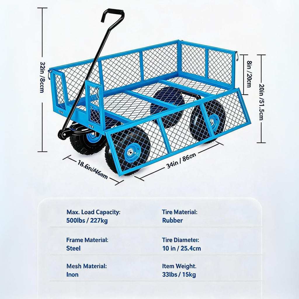 Garvee Steel Garden Cart for Yard and Gardening, 500 lbs Capacity with 10-Inch Pneumatic Tires, Removable Mesh Sides and Flexible Handle, Blue