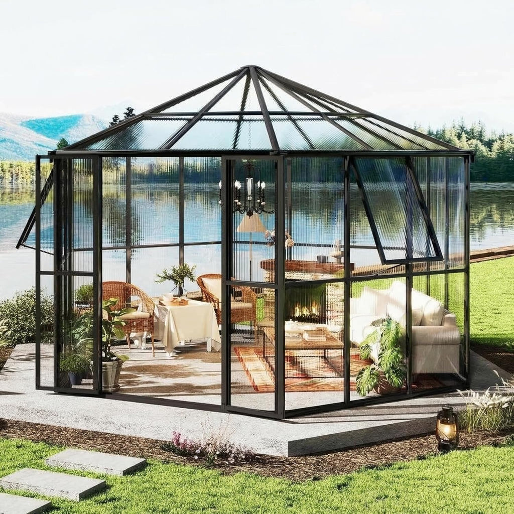 Garvee Hexagonal Walk-In Greenhouse 12×10×8 ft, 4mm UV-Resistant Polycarbonate Panels, 2 Vents & Dual Lockable Doors for Backyard Garden