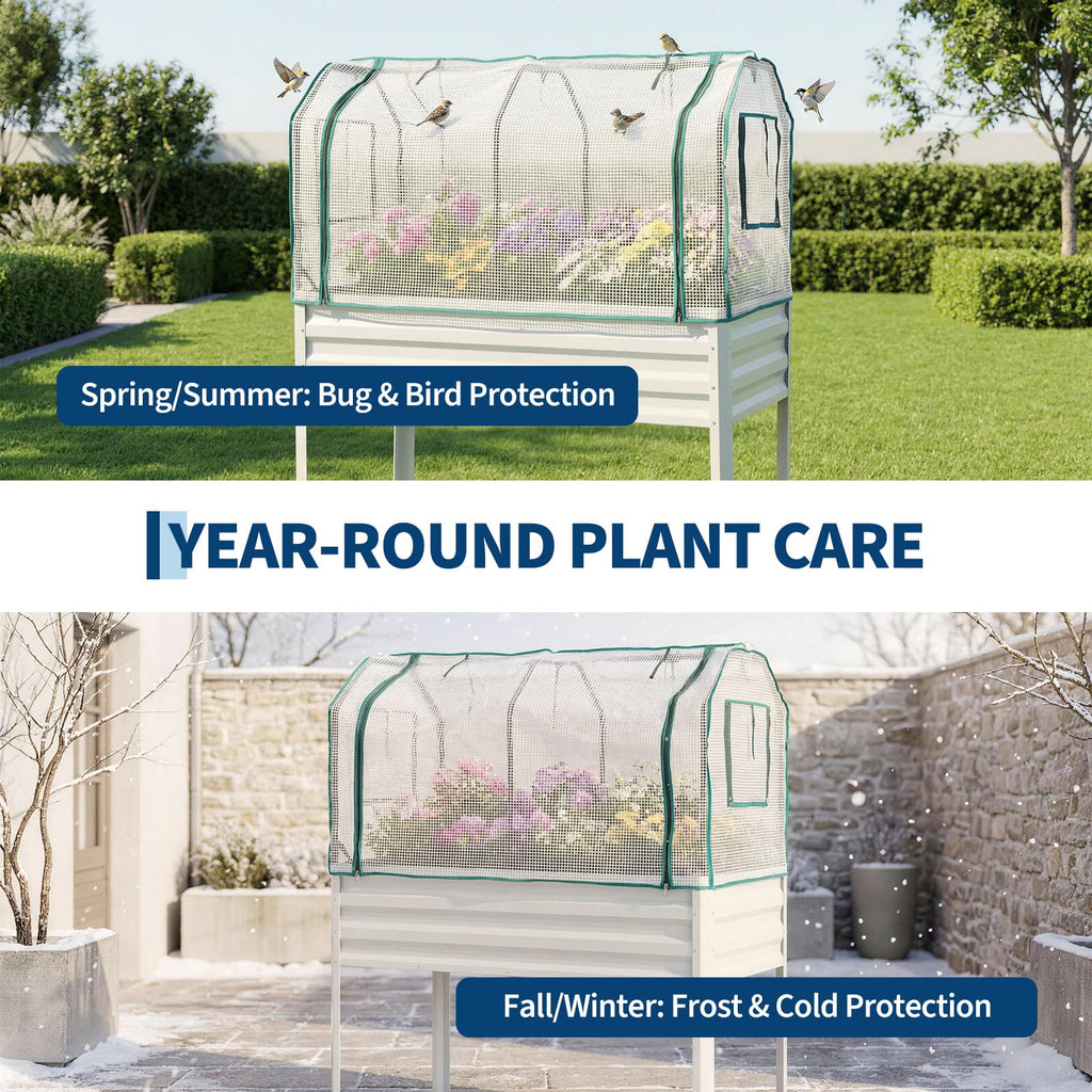 Garvee Elevated Garden Planter, 48 x 24 x 55-Inch Galvanized Metal Raised Bed with Greenhouse Cover, Bird Net and 4 Plant Signs for Patio and Balcony, Gray