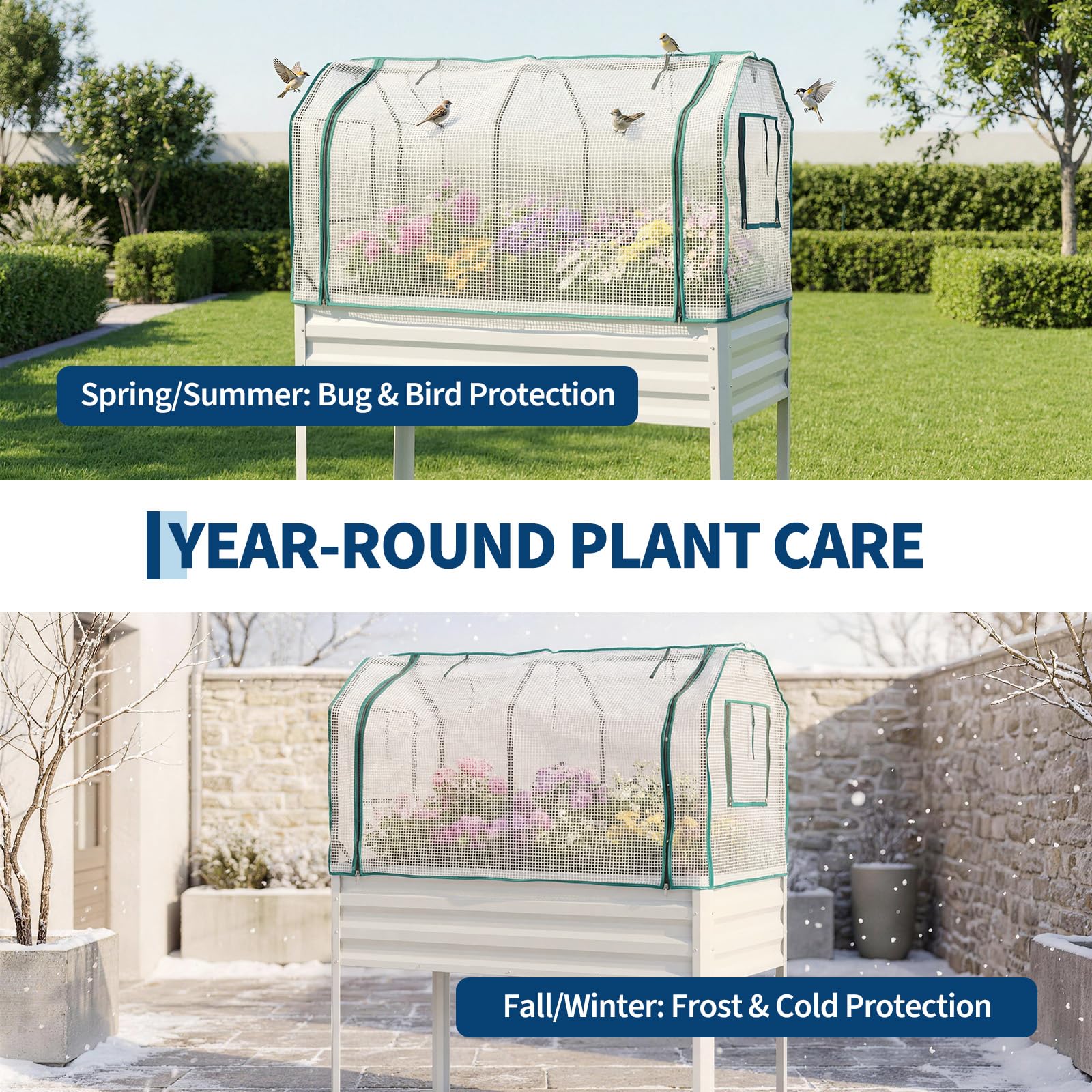 Garvee Elevated Garden Planter, 48 x 24 x 55-Inch Galvanized Metal Raised Bed with Greenhouse Cover, Bird Net and 4 Plant Signs for Patio and Balcony, Gray