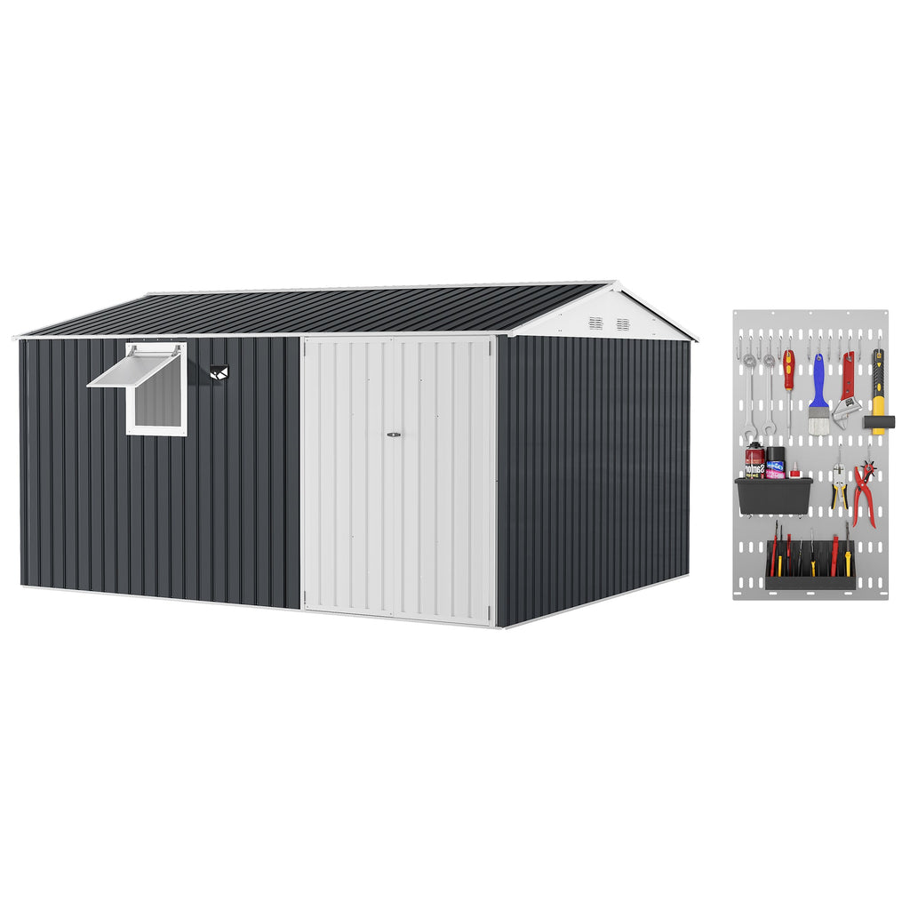 Garvee 10' x 12' Metal Outdoor Storage Shed, Reinforced Galvanized Steel Garden Shed with Lockable Double Doors, Window, Vents, Pegboard & Solar Sensor Light, Weather-Resistant Backyard Storage Unit, Black