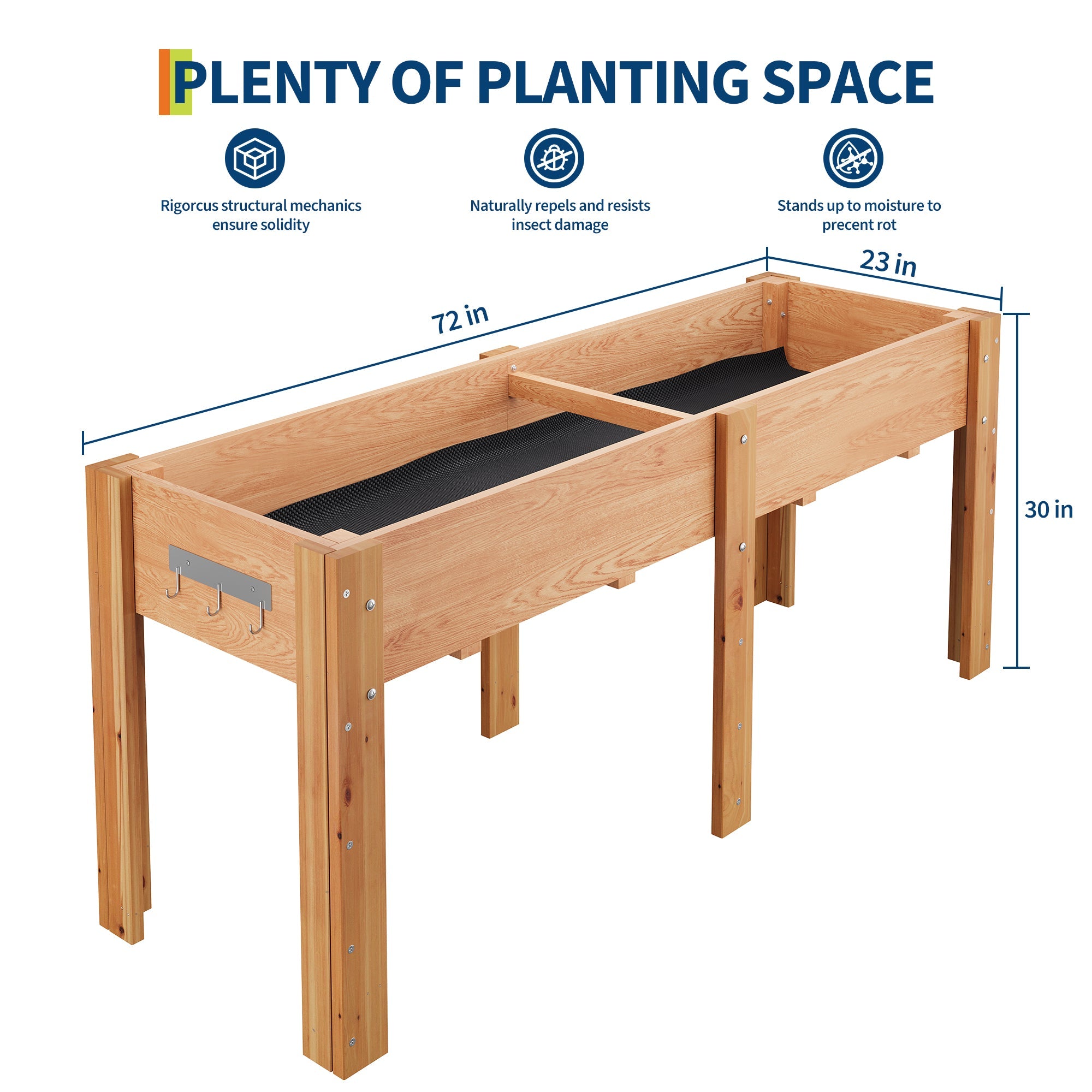 Garvee 72" x 23" x 30" Large Wooden Raised Garden Bed with Legs & Hooks, Elevated Fir Wood Planter Box with Non-Woven Liner, Ergonomic Outdoor Planter for Vegetables, Herbs, Flowers, Patio & Backyard, Oak