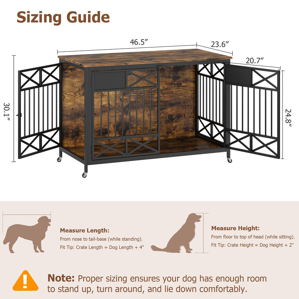 Garvee Heavy Duty Wooden Dog Crate Furniture - 47 Inch Large Pet Kennel Cage with Double Doors, Pulley System & Name Tag - Decorative End Table & TV Stand for Dogs, Antique Brown