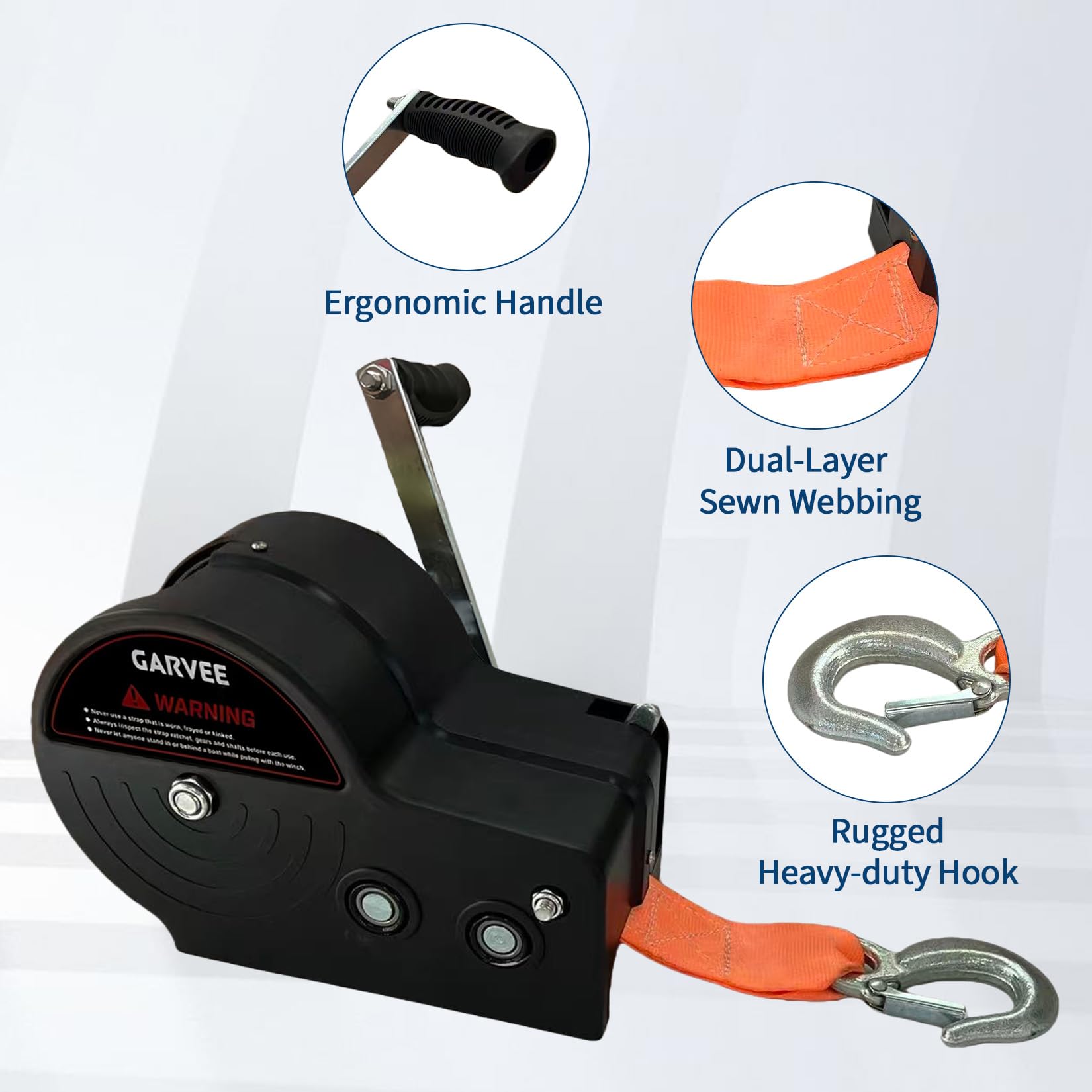 Garvee 3500lbs Heavy Duty Boat Trailer Winch with 33ft Strap, 4:1/8:1 Gear Ratio Hand Winch, Portable Hand Crank Winch for Towing Pulling Boat Trailer Truck RV ATV Jet Ski & Off-Road Recovery, Orange