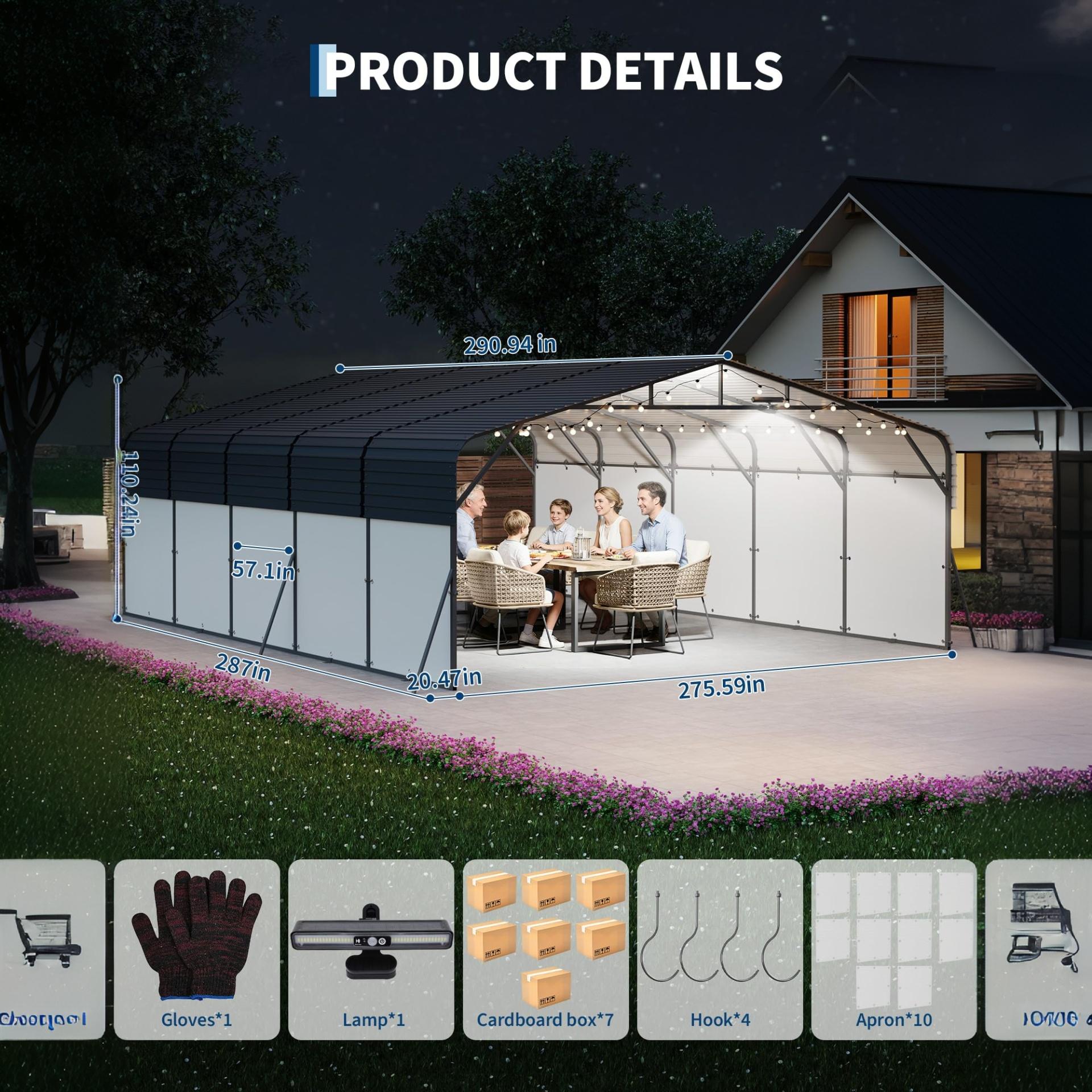 Garvee 20 x 25 FT Heavy Duty Metal Carport, 500 Sq Ft 2-Car Garage Canopy with Galvanized Steel Roof, Removable PE Sidewalls & LED Light for Trucks, Boats and Outdoor Events