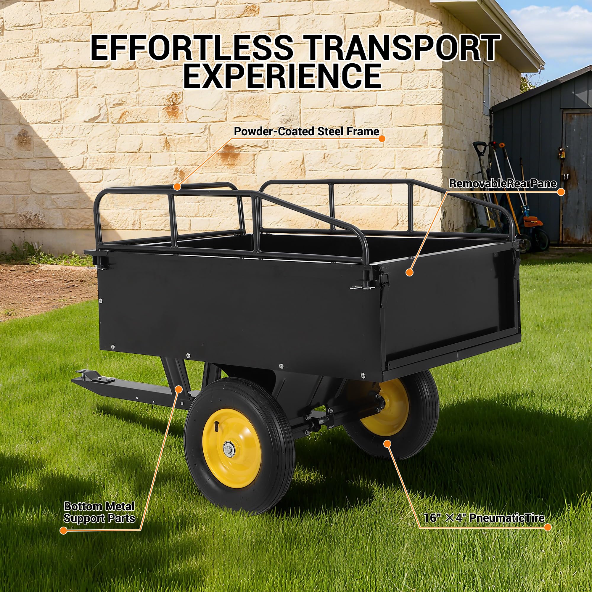 Garvee ATV UTV Dump Trailer, 750 lbs Load Capacity and 15 Cu. FT Bed with Reinforced Side Panels and Dumping Function for Farm, Garden and Off-Road Hauling