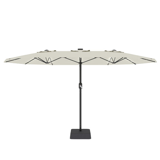 Garvee 15' Rectangular Patio Umbrella with Solar LED Lights & Base, Crank Handle UV-Resistant Outdoor Market Umbrella for Backyard, Pool & Patio, Beige