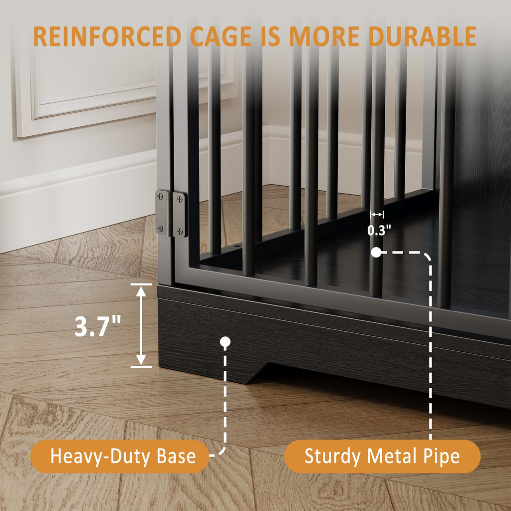 Garvee 48" Dog Crate Furniture with Bowls, Heavy Duty Dog Kennel End Table with 3 Storage Drawers, Locking Door, Farmhouse Style Pet Crate Cabinet for Medium Small Dogs, Black