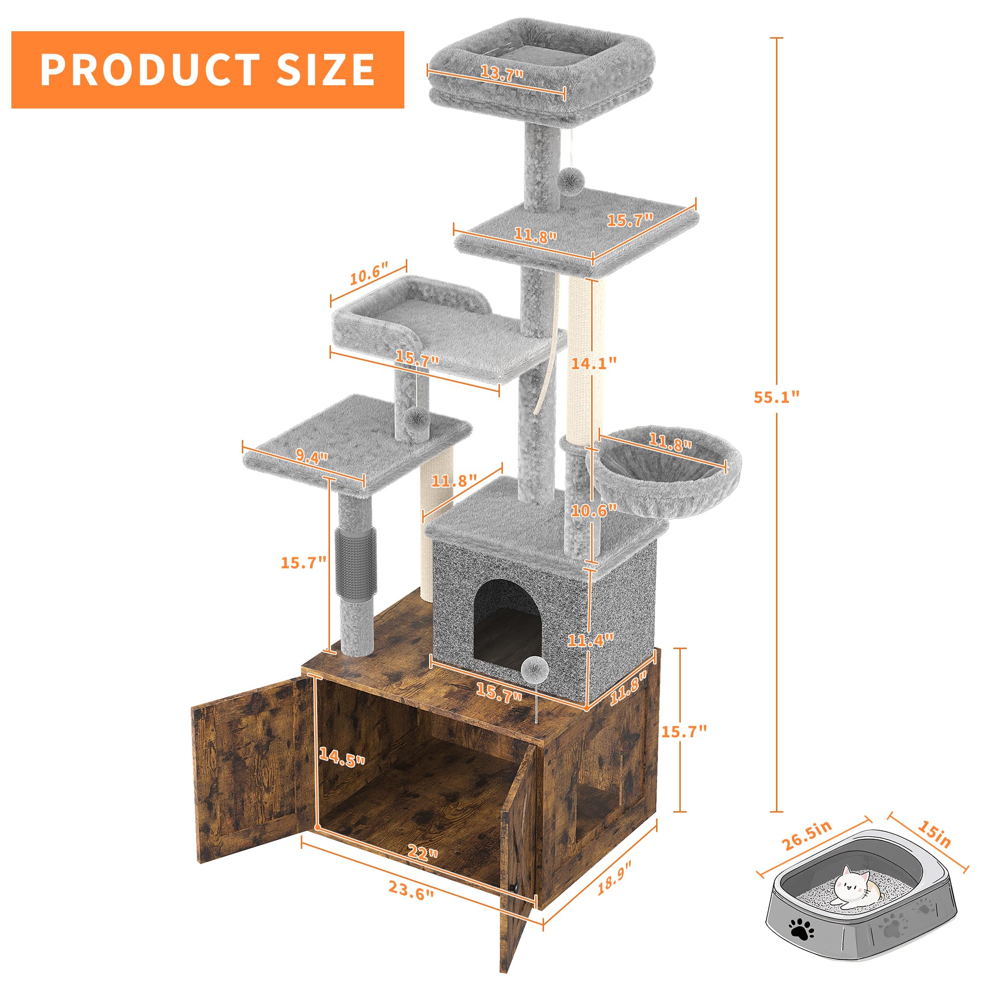 Garvee Litter Box Enclosure with Cat Tree, 2 in-1 Modern Cat Tower, Hidden Washroom Furniture, Wood Cat Condo with Scratching Post and Hammock, Indoor Pet Furniture with Multiple Platform, Retro Brown