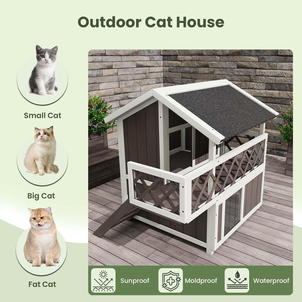 Garvee Insulated Outdoor Cat House Weatherproof with Balcony and Shade, Side Steps, Railings & Raised Floor, Asphalt Roof, All-Around Insulation 2-Story Wooden Feral Cat Shelter for Small Animals