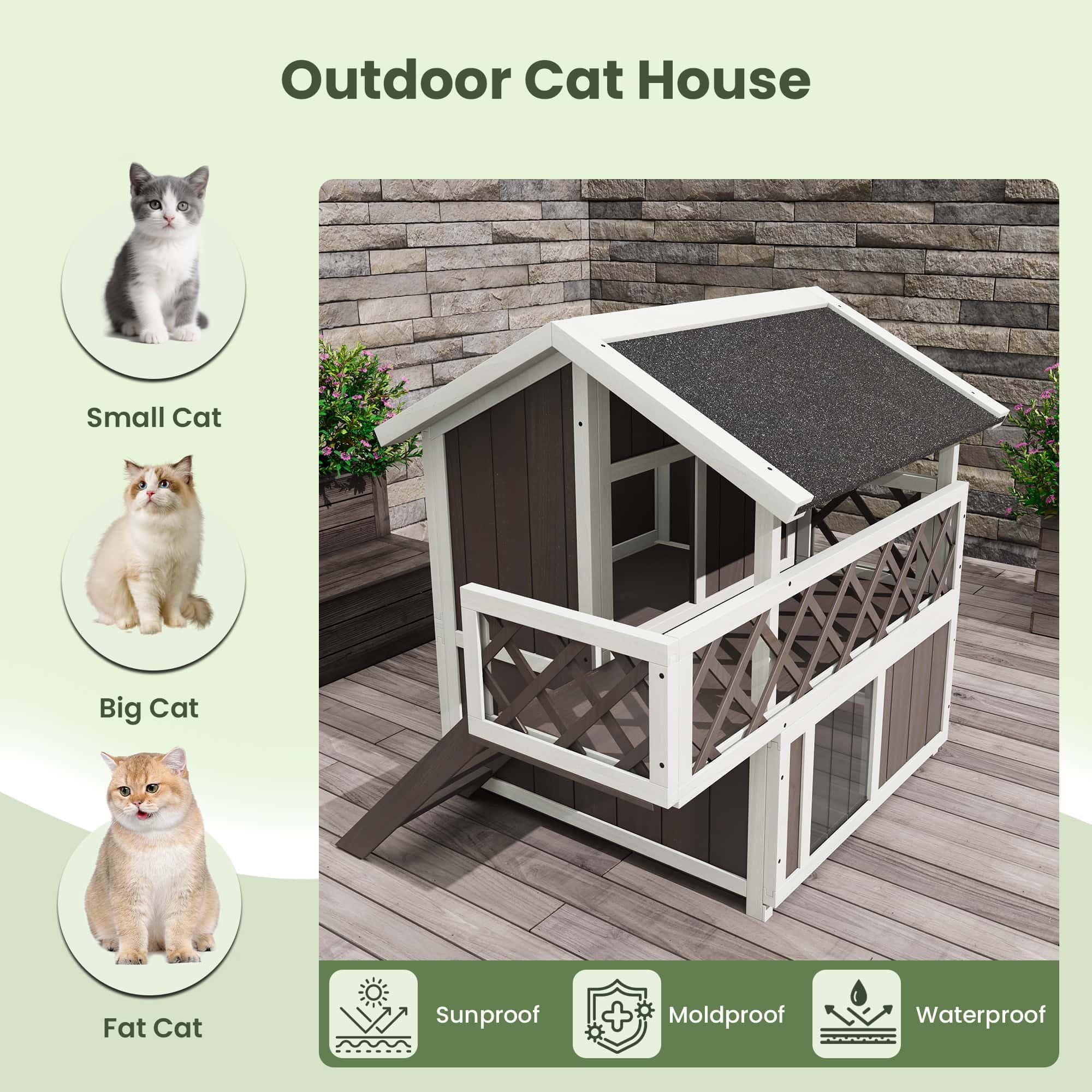 Garvee Insulated Outdoor Cat House Weatherproof with Balcony and Shade, Side Steps, Railings & Raised Floor, Asphalt Roof, All-Around Insulation 2-Story Wooden Feral Cat Shelter for Small Animals