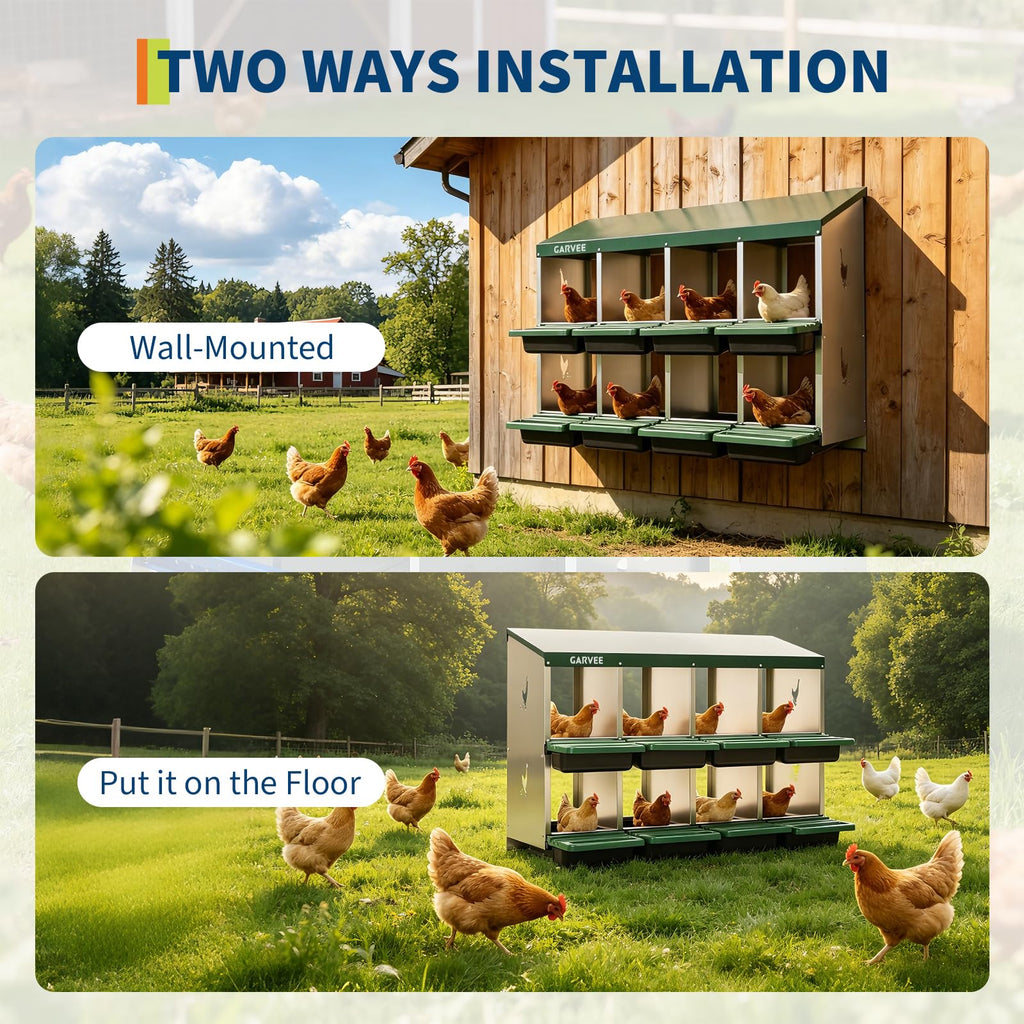 Garvee 8-Compartment Metal Chicken Nesting Box, Roll Away Layering Box with Sloped Anti-Perch Roof, 41.7"x12.8"x30.9", Green