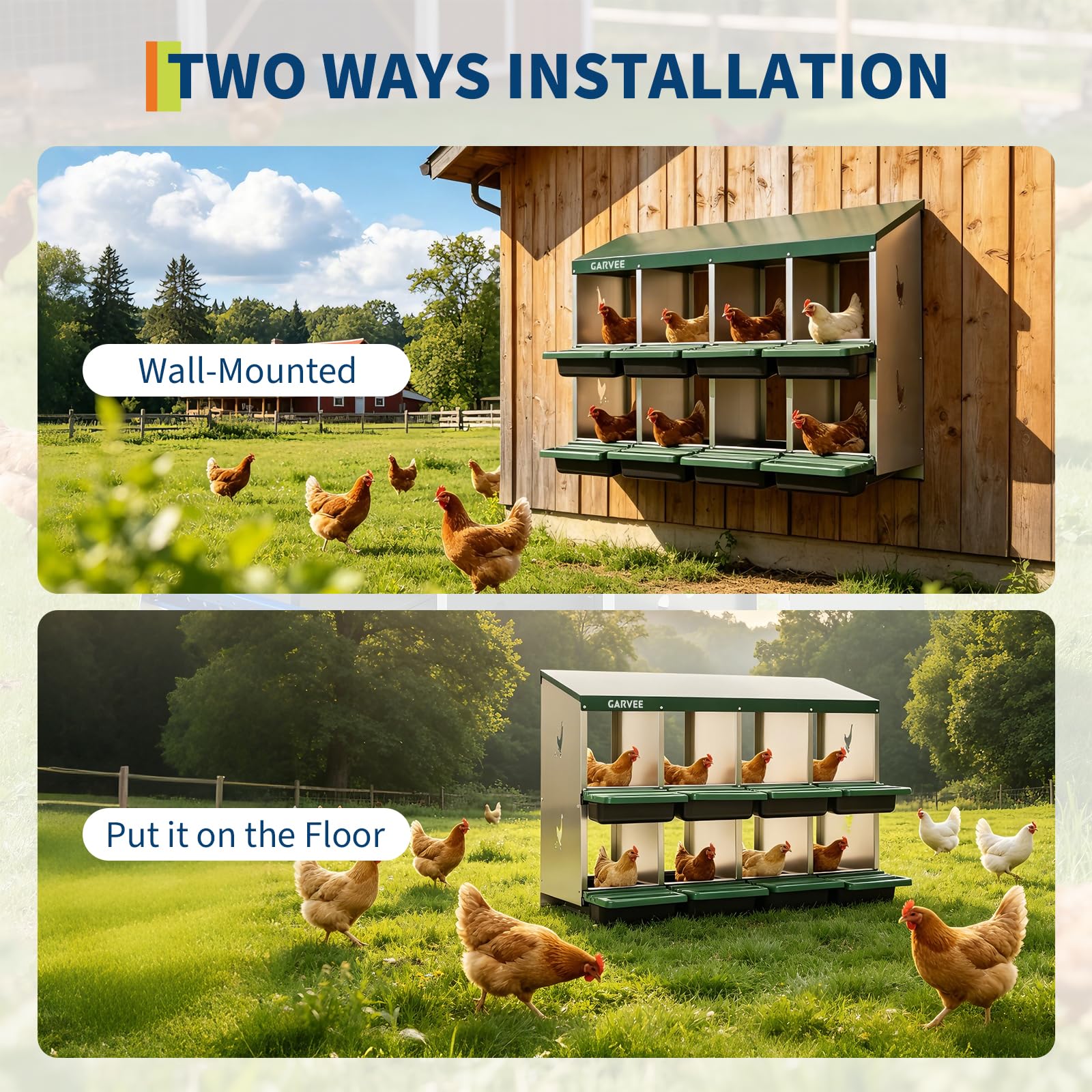 Garvee 8-Compartment Metal Chicken Nesting Box, Roll Away Layering Box with Sloped Anti-Perch Roof, 41.7"x12.8"x30.9", Green