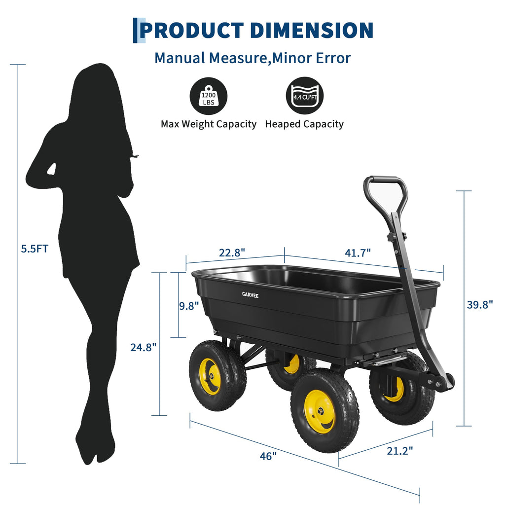 Garvee 1200 lb Heavy-Duty Poly Garden Dump Cart, Utility Wagon with 13" No-Flat All-Terrain Tires, Quick-Release Dump System, Convertible Tow Handle & Reinforced Steel Frame for Yard, Soil, Mulch & Landscaping, Black/Yellow