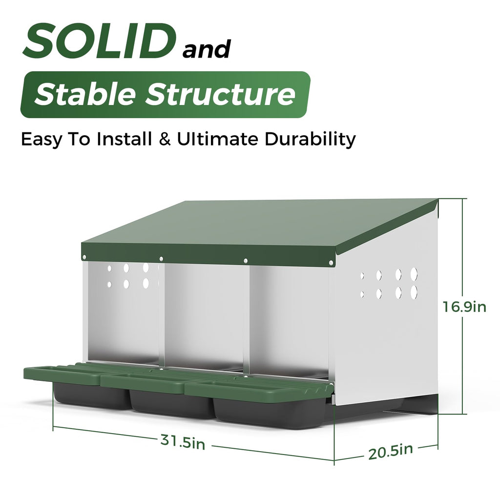Garvee 3-Hole Metal Chicken Nesting Box, Roll Away Poultry Laying Box with Sloped Roof, 31.5"x20.5"x16.9", Green