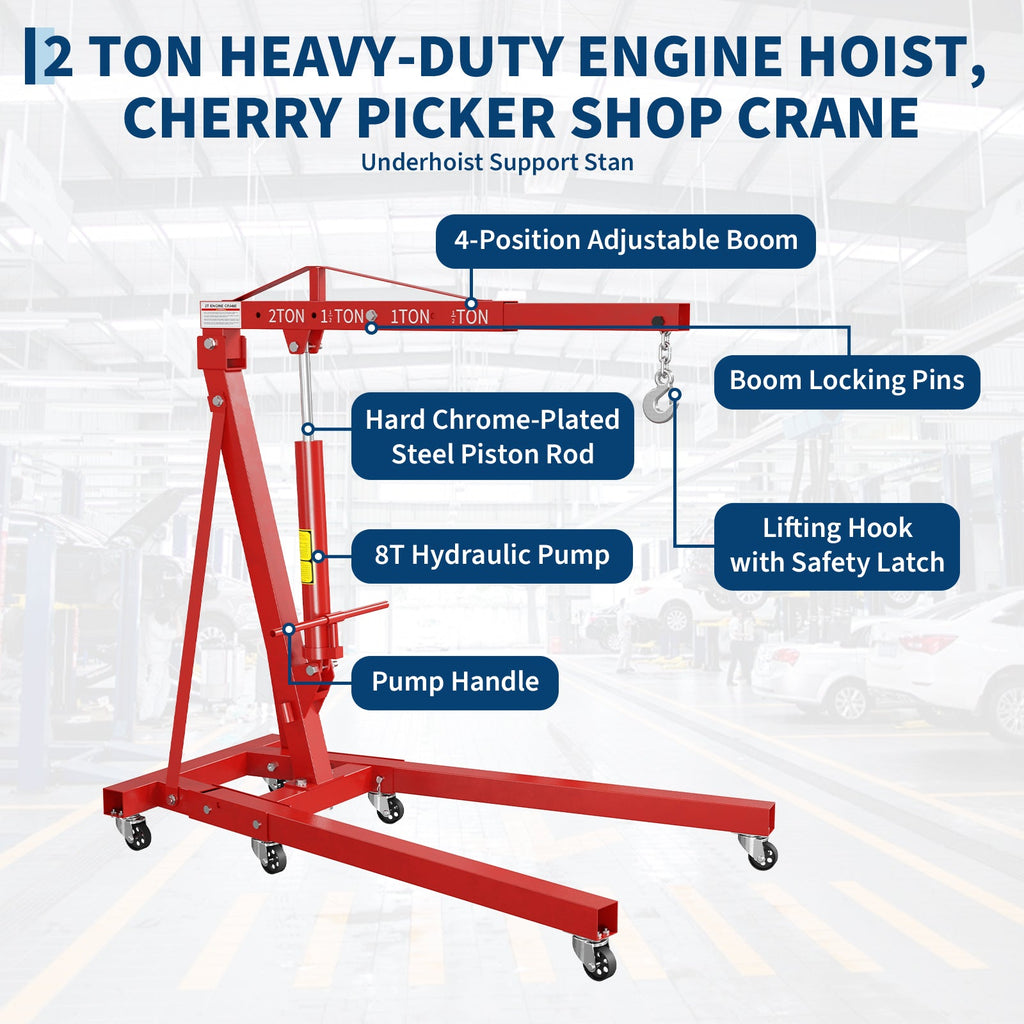 Garvee Heavy Duty 2 Ton Folding Hydraulic Engine Hoist & 3/4 Ton Underhoist Support Stand Combo – Steel Shop Crane Cherry Picker with 4-Position Boom – High-Reach Automotive Lift – Red