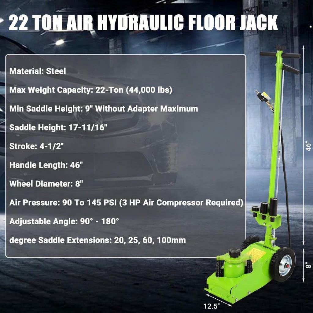 Garvee 22 Ton Air Hydraulic Floor Jack for Trucks & Tractors – Low Profile 9"-17.7" – Dual Air/Manual Power – 44,000 lbs Capacity – 46" Adjustable Handle – 4 Adapters – Rubber Wheels – Heavy Duty Vehicle Lift, 22T Internal Circulation Pneumatic Service