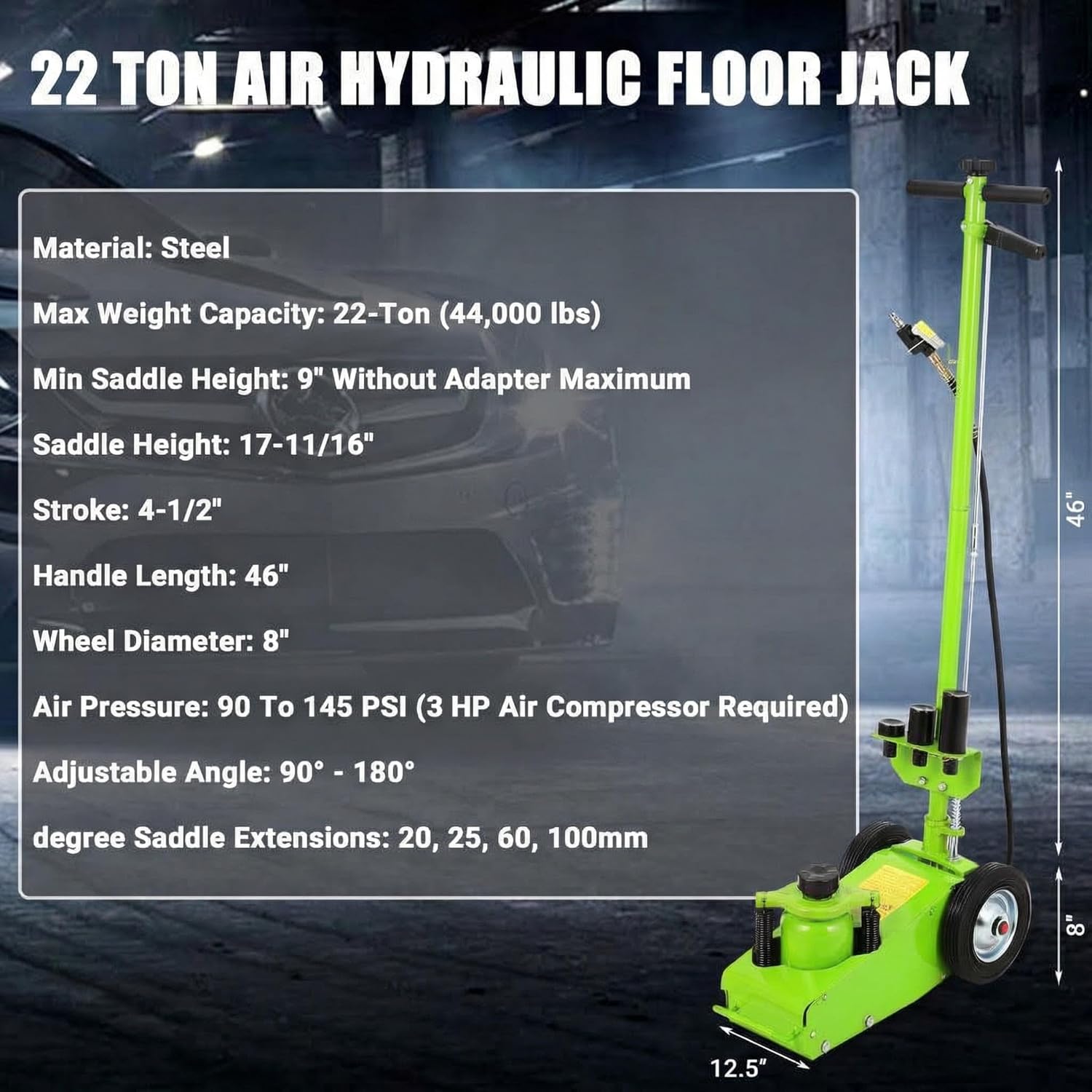 Garvee 22 Ton Air Hydraulic Floor Jack for Trucks & Tractors – Low Profile 9"-17.7" – Dual Air/Manual Power – 44,000 lbs Capacity – 46" Adjustable Handle – 4 Adapters – Rubber Wheels – Heavy Duty Vehicle Lift, 22T Internal Circulation Pneumatic Service