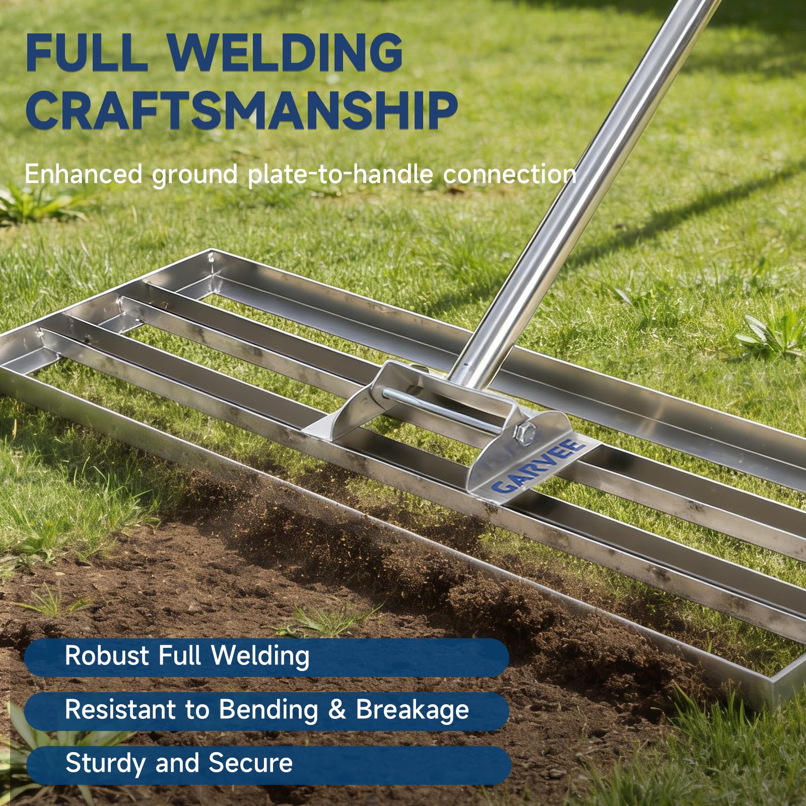Garvee Professional Heavy Duty Stainless Steel Lawn Leveling Rake – 36x10 Inch, 6.5FT Extended Handle, Garden and Golf Lawn Soil Spreader – Includes Gloves | Size 36*10 | Handle 6.5FT | Stainless steel | With gloves