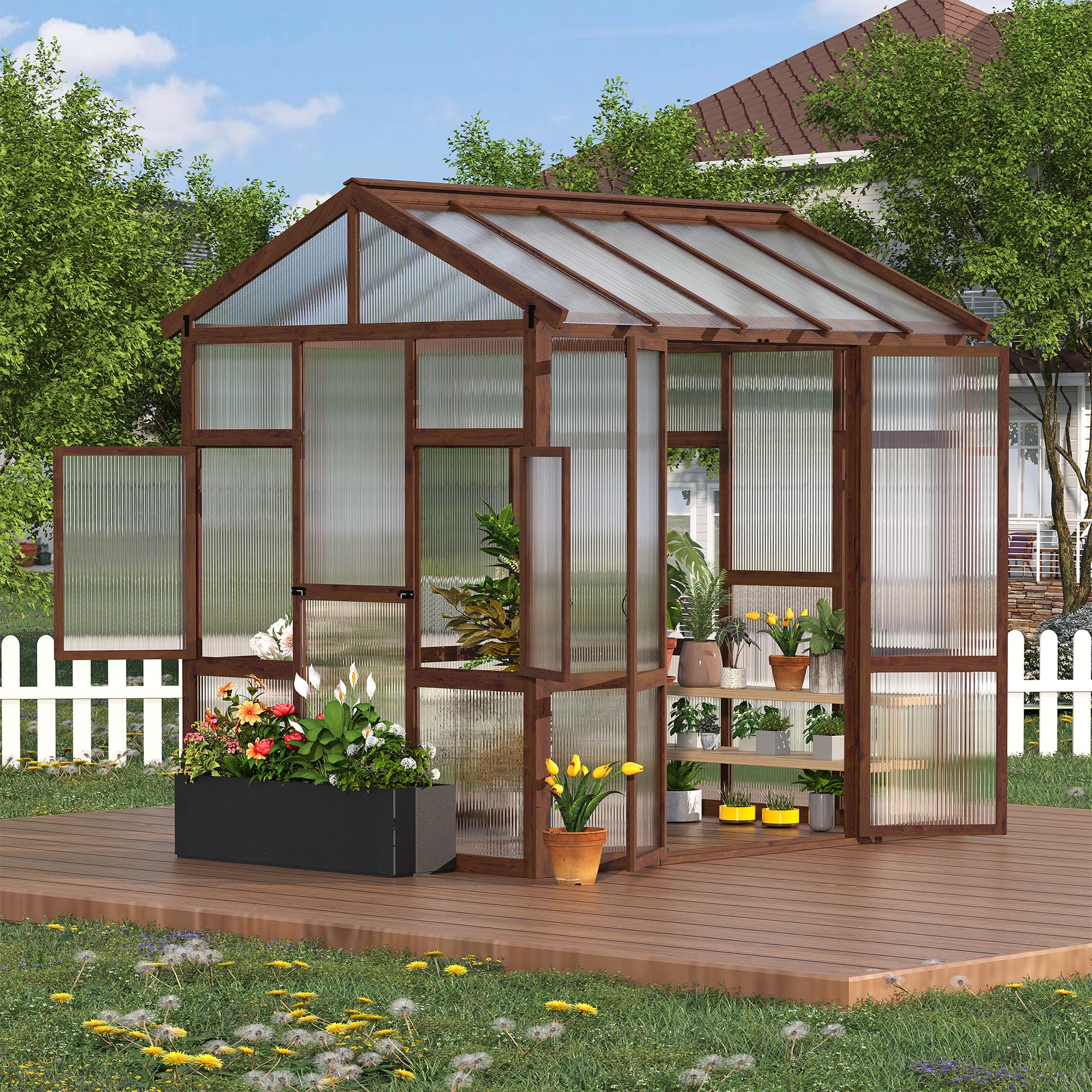 Garvee Heavy Duty Wooden Greenhouse 6x8 FT for Outdoor - Walk-in Kit with 6mm Polycarbonate Panels, Ventilated Window, Lockable Door - Ideal for Backyard, Patio, Lawn, Sturdy Wood