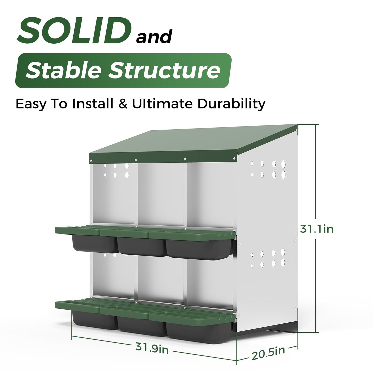 Garvee 6-Hole Chicken Nesting Box Metal Coop with Roll Away Design & Ventilation Holes Galvanized Steel Removable Lid Green for Backyard & Small Farms