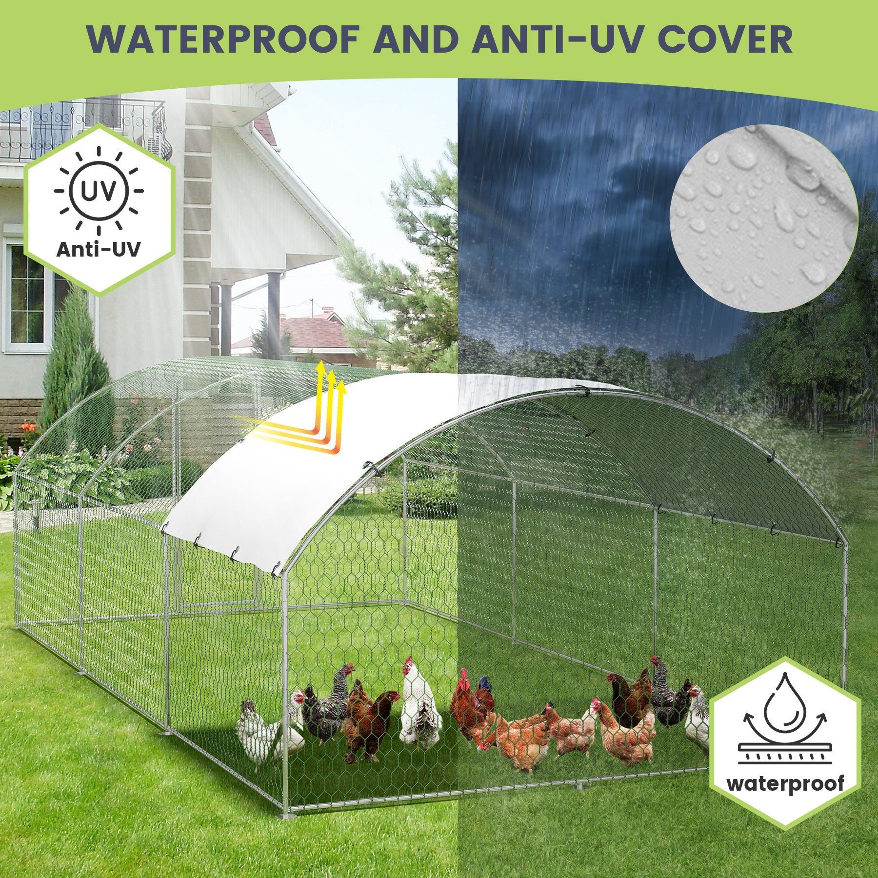 Garvee Spacious Walk-In Metal Chicken Coop - Dome Roof, Waterproof & UV-Resistant Cover, Lockable Door, Outdoor Poultry Cage for Hens, Ducks & Small Animals, Ideal for Farm & Backyard - Size: 9.8 x 13.1 x 6.6 ft