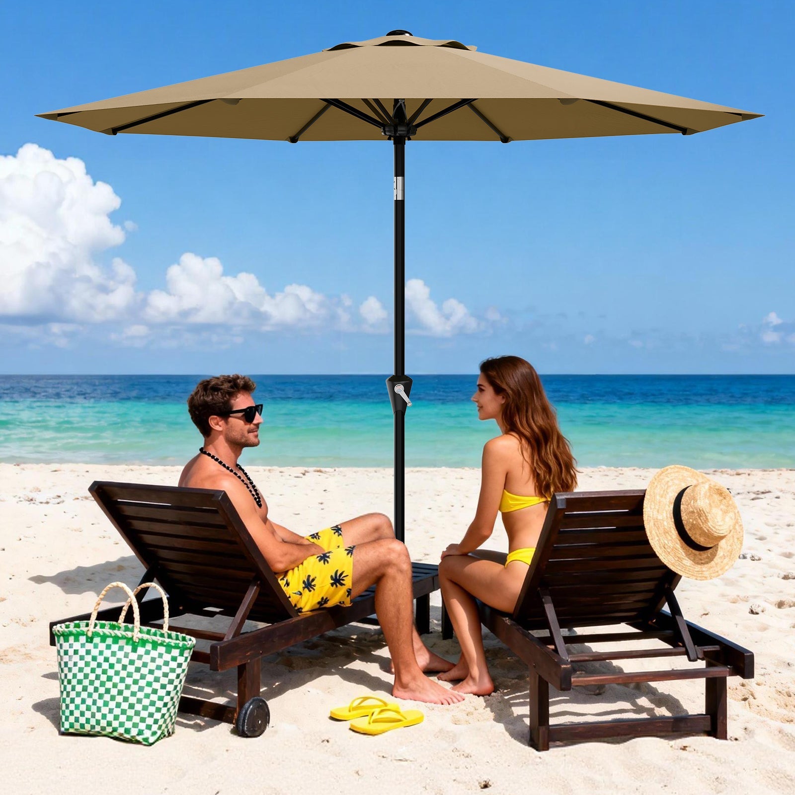 Garvee 9 ft Patio Umbrella, Outdoor Market Table Umbrella with Crank Lift, Push Button Tilt, 8 Sturdy Ribs & UV Protection for Pool, Deck, Yard and Garden, Tan
