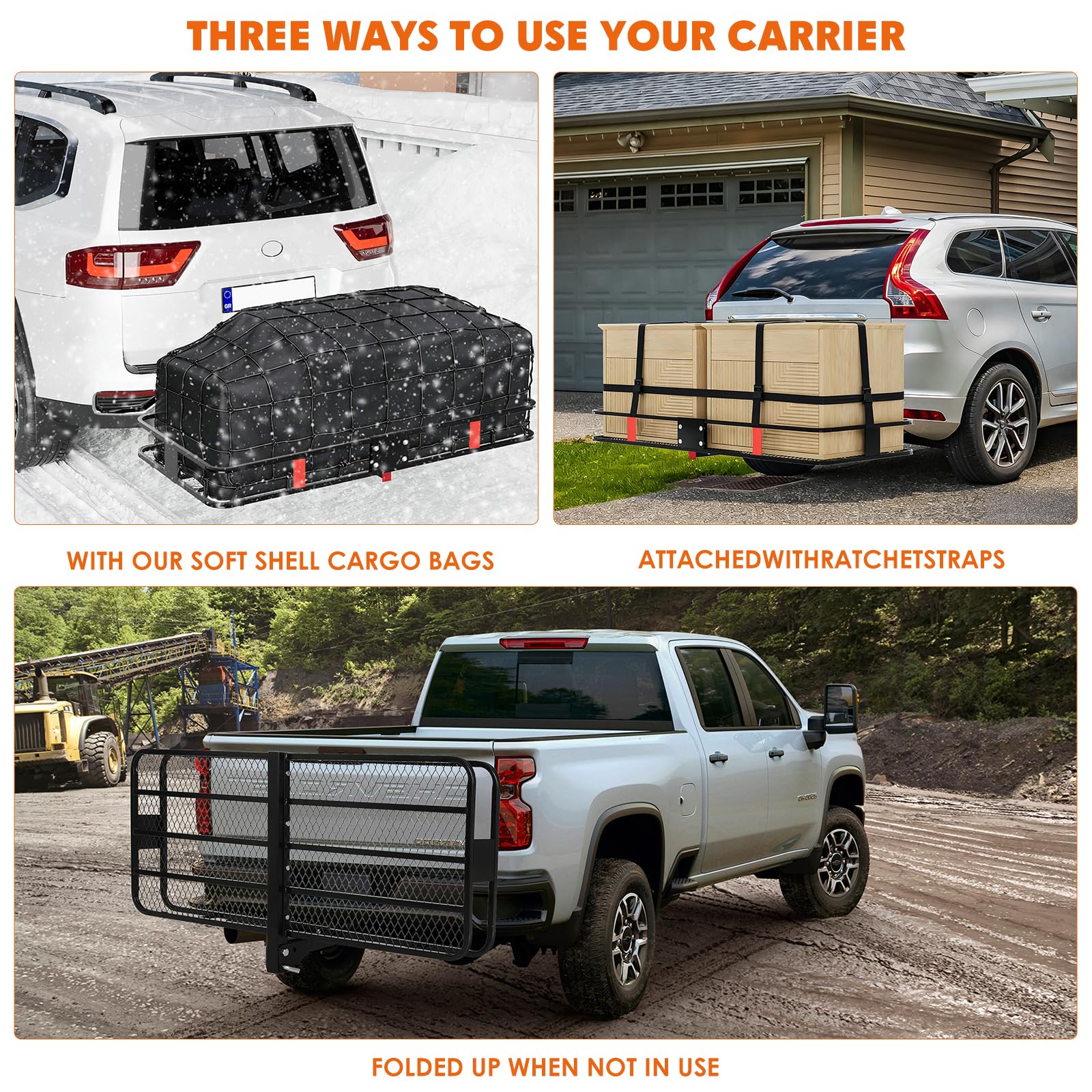 Garvee 70"x30"x6" Heavy-Duty Folding Hitch Cargo Carrier 600 lbs Capacity Ratchet Straps Waterproof Bag Integrated Lock Reflective Panels Fits 2" Receiver SUVs Off-Road