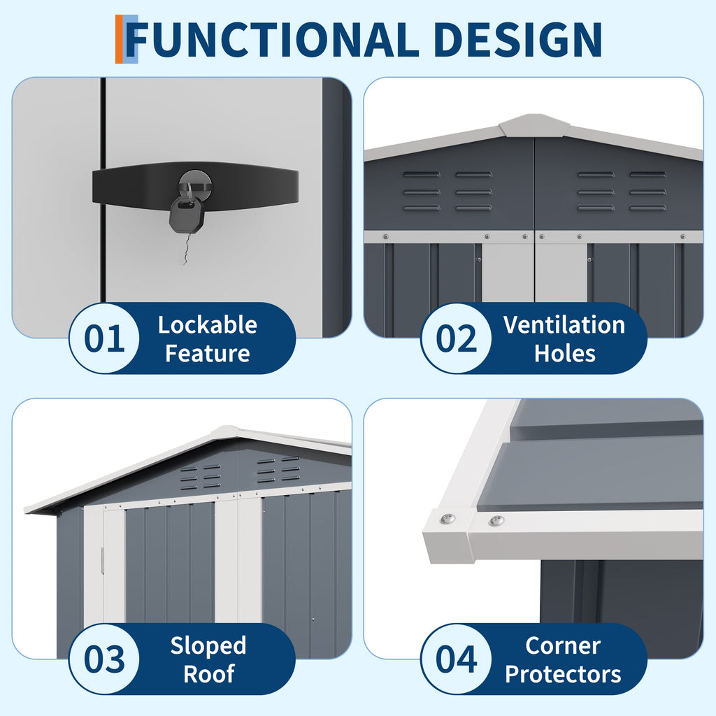 Garvee Weather-Resistant Metal Outdoor Storage Outdoor Storage 6x4 FT – Lockable Double Doors, Vents, Secure Garden Tool Outdoor Storage – Ideal for Lawn Equipment, Patio, Backyard, Yard, Bike – Color: Gray