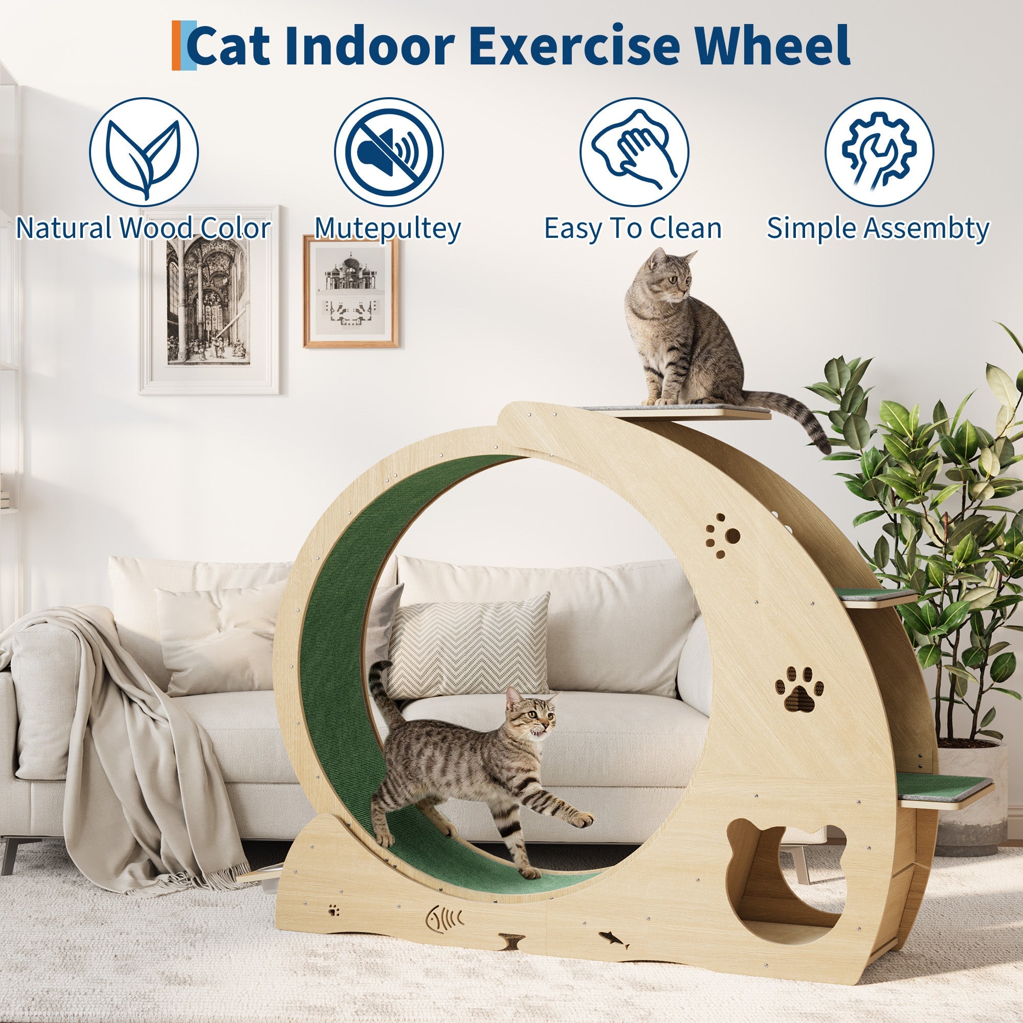 Garvee Large Cat Exercise Wheel for Indoor Cats - 4-in-1 Treadmill with Grazeing Post, 3-Level Jumping Tower & Carpeted Fashion Show - Quiet Spinner for Fitness & Entertainment - Wood Color