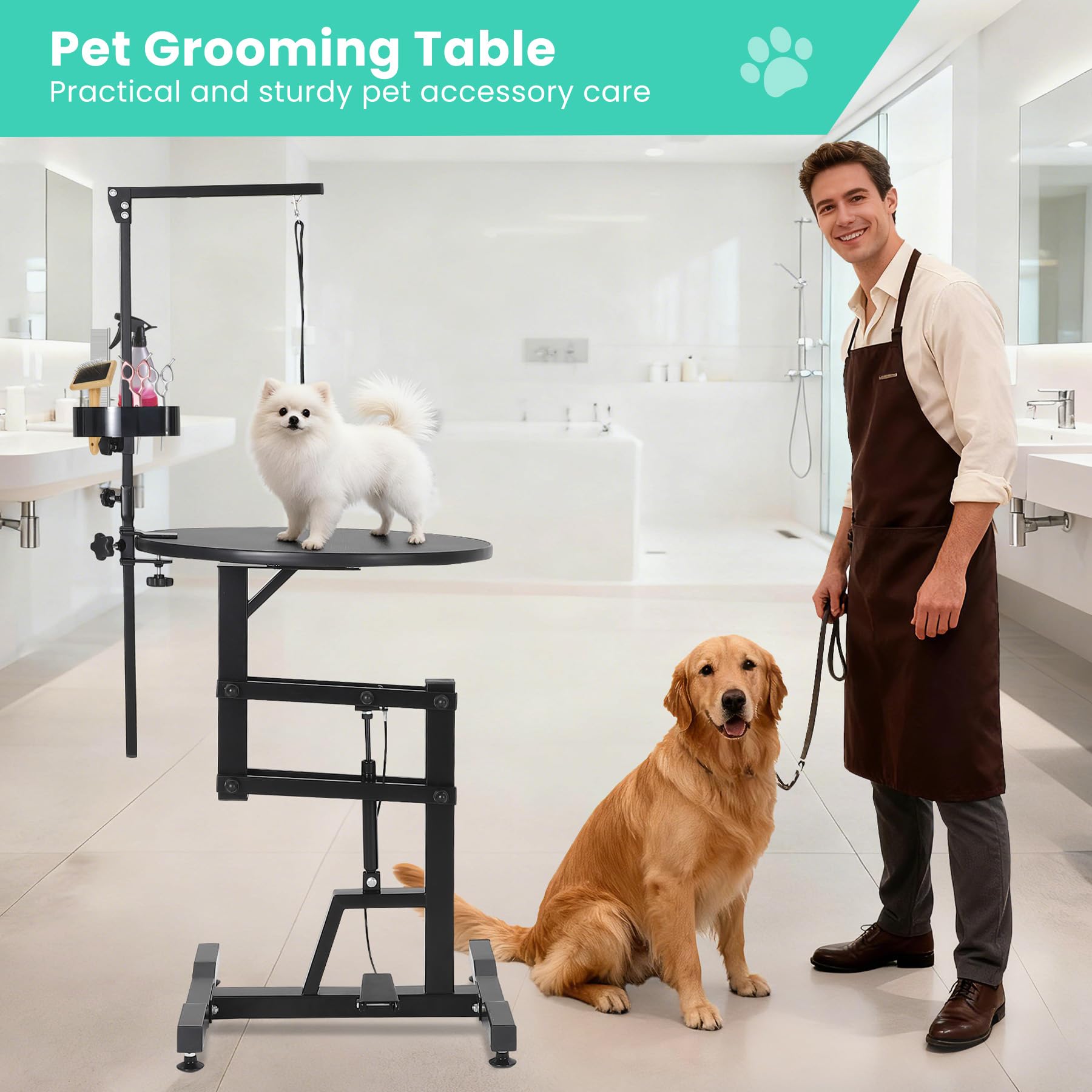 Garvee 24“ Hydraulic Lift Pet Grooming Table, Adjustable Cat Drying Rotating Desktop - Foldable, Adjustable Arm, Portable, Non-Slip Dog Grooming Table for Dogs at Home, Capacity 250 LBS