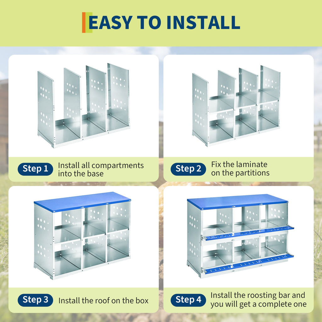 Garvee Heavy Duty 6-Compartment Metal Chicken Nesting Box – Galvanized Steel, Rollaway Egg Collection, Ventilated, Rustproof, Wall-Mounted or Floor, Easy Clean – Space-Saving Hen Layer for Poultry Coop – Without Cover, Blue, 96×48×71cm