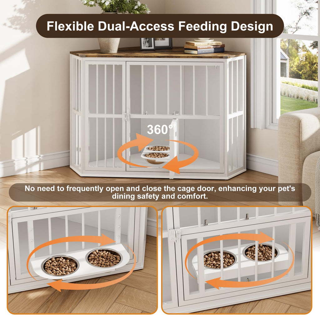 Garvee Space-Saving Corner Dog Crate Furniture – Wooden Indoor Kennel End Table with 360° Rotating Door, Stainless Steel Feeding Bowls, Decorative Design for Small Dogs, White, Classic + White Relief + White Iron Frame
