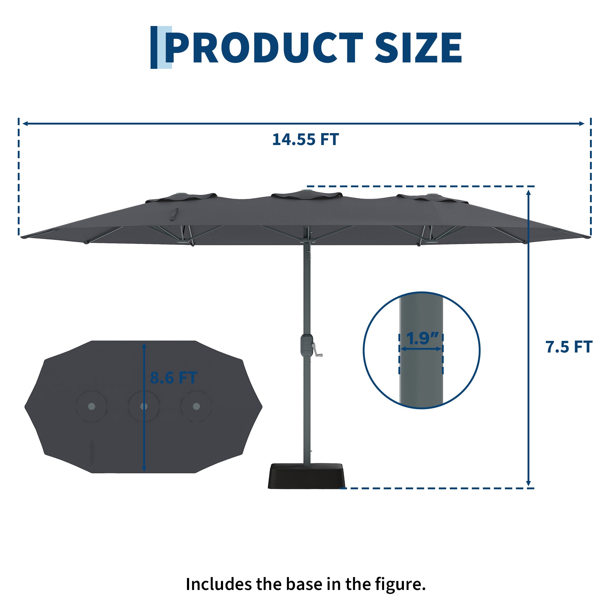 Garvee 9' × 15' Rectangular Patio Umbrella with Base, 98% UV-Blocking Oxford Canopy, 12-Rib Metal Frame, Gray