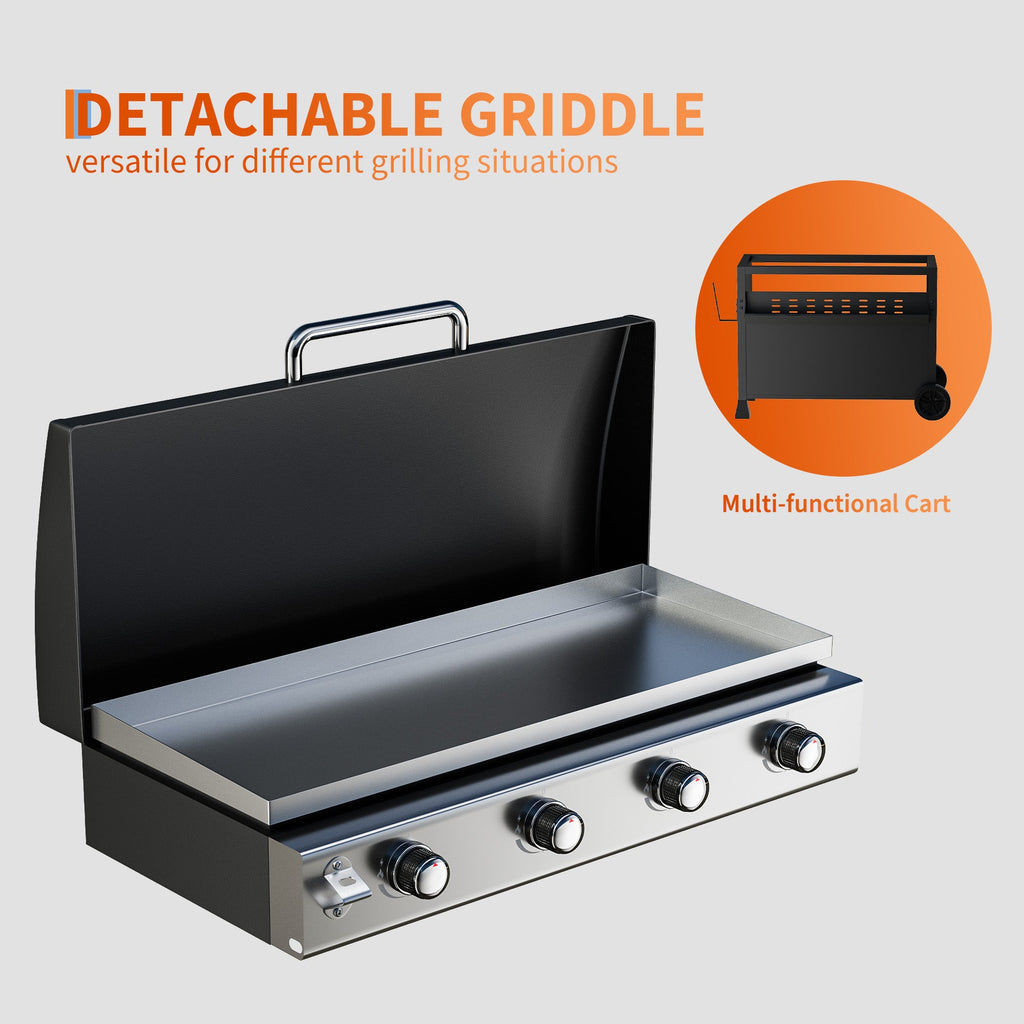 Garvee 4 Burner Propane Gas Griddle with Removable Cart – Convertible Flat Top Grill with Hood, 32,000 BTU Portable Griddle for Camping, Tailgating, Backyard – Black