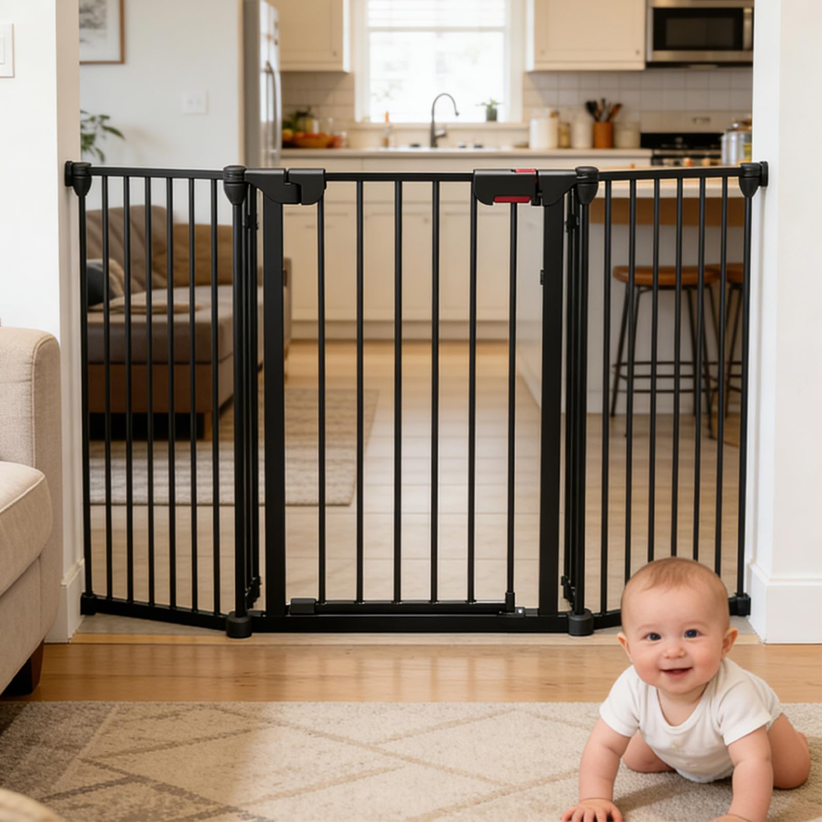Garvee Adjustable Metal Pet Safety Gate 8-Panels, 29" High Collapsible Playpen with Lockable Door, Portable Indoor/Outdoor Barrier for Stairs, Doorways, RV, Camping, Yard, Garden, Black