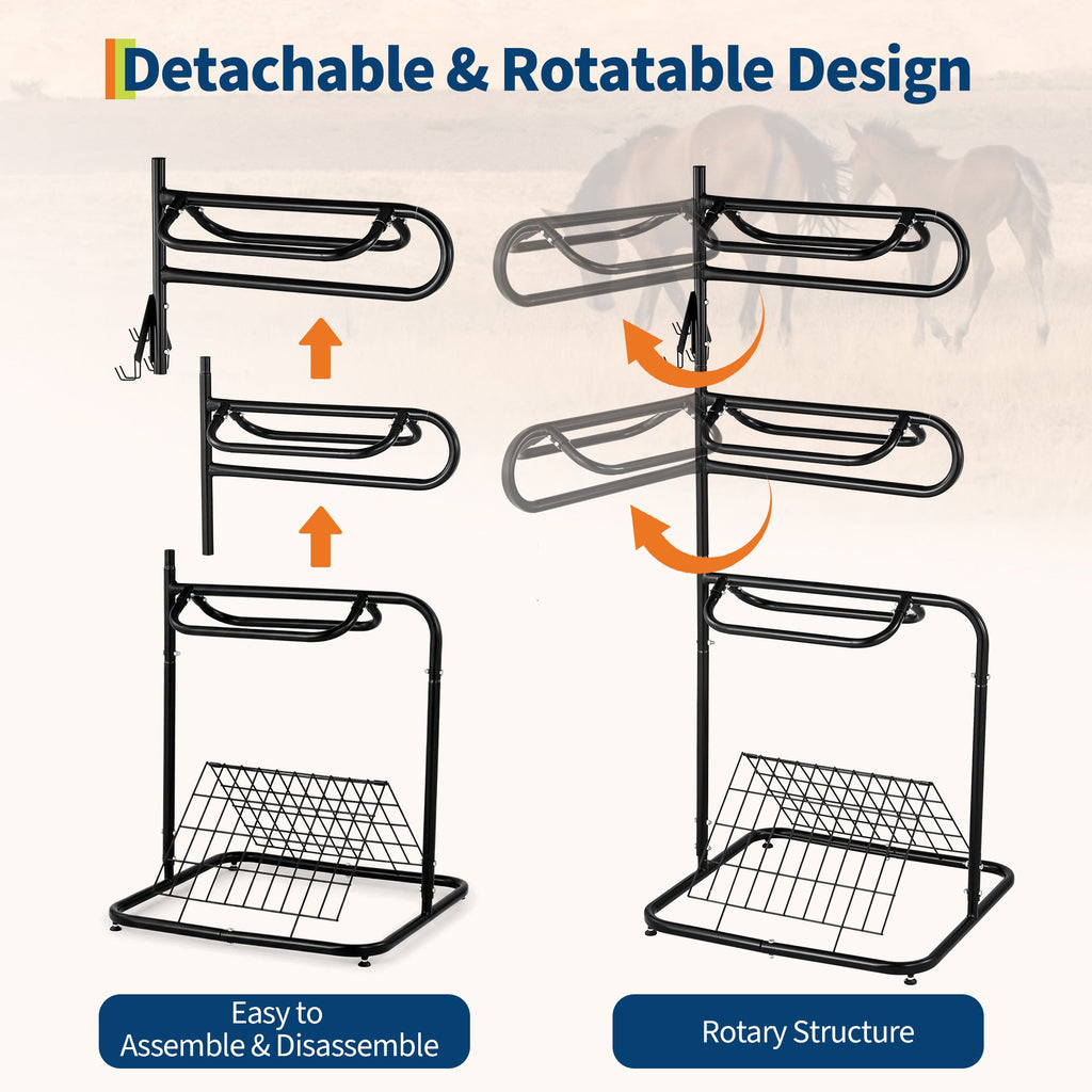 Garvee Heavy Duty 3-Tier Saddle Rack Stand with Removable & Rotating Tiers - Freestanding English & Western Saddle Blanket Holder for Tack Room Organization, 30x29x70 in