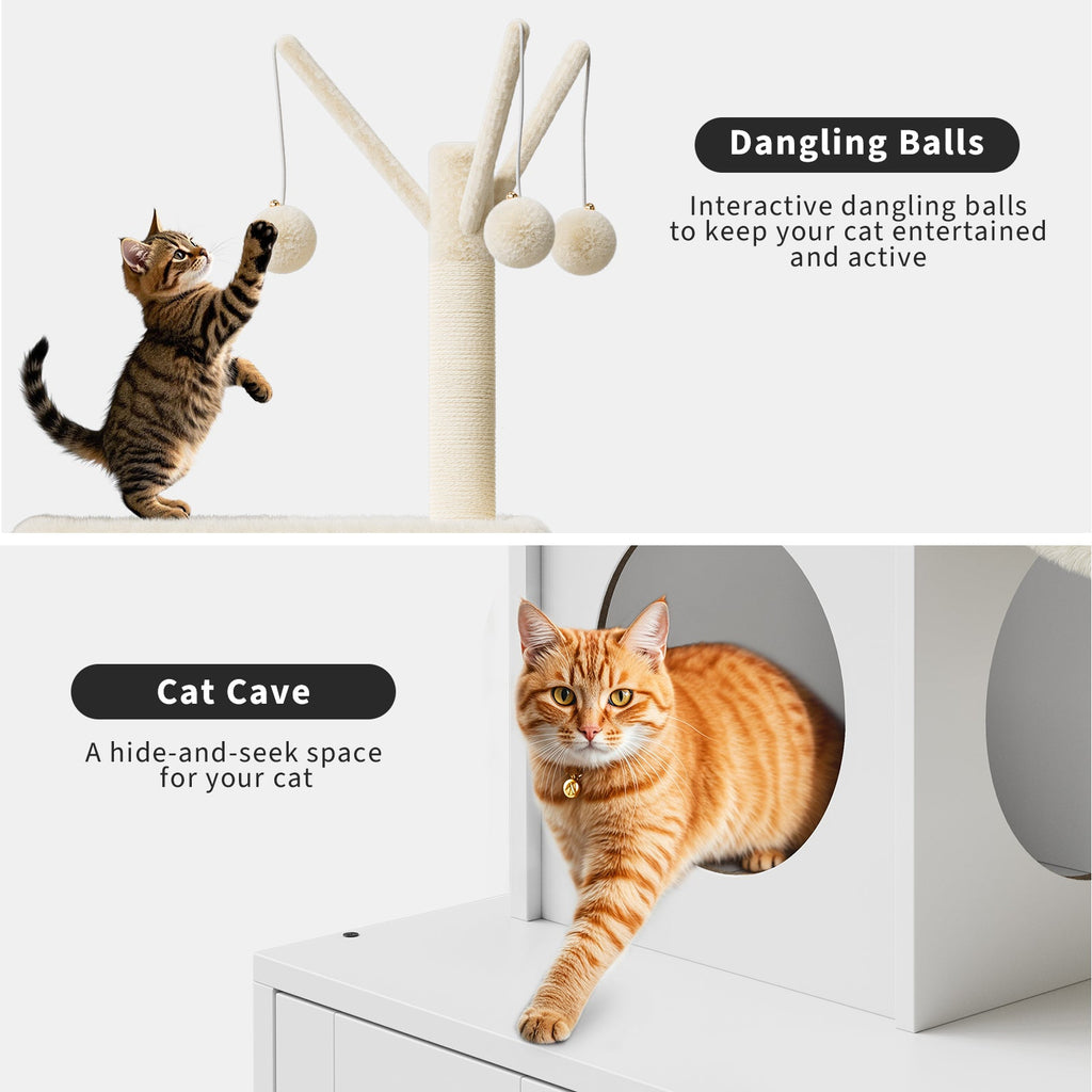 Garvee 55-Inch Litter Box Enclosure with Cat Tree, 2-in-1 Modern Large Cat Tower for Indoor Cats with Condo/Hammock/Scratching Post/Plush Perch/Caves, Wooden Hidden Litter Box Furniture, White