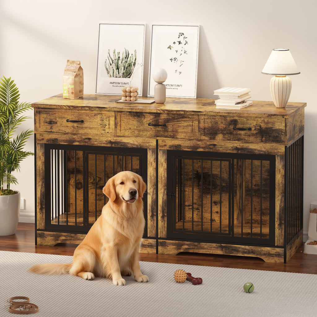 Garvee 71" Dog Crate Furniture for 2 Dogs, Heavy Duty Double Dog Kennel with 3 Drawers, Extra Large Furniture Style Indoor Dog Crate Table TV Stand  for Medium/Large Dogs, Brown