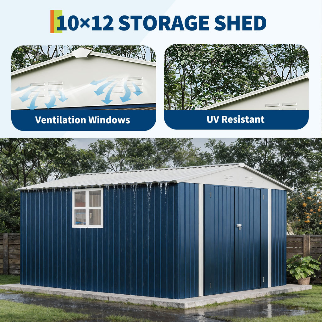 Garvee 10 x 12 FT Metal Outdoor Storage Shed, Weather-Resistant Galvanized Steel Tool House with Lockable Double Doors, Grid Window, Vents & Gable Roof, Navy Blue