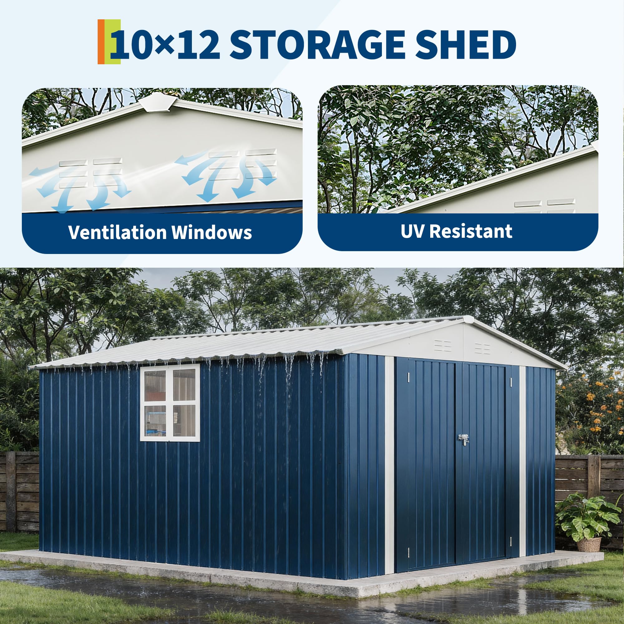 Garvee 10 x 12 FT Metal Outdoor Storage Shed, Weather-Resistant Galvanized Steel Tool House with Lockable Double Doors, Grid Window, Vents & Gable Roof, Navy Blue