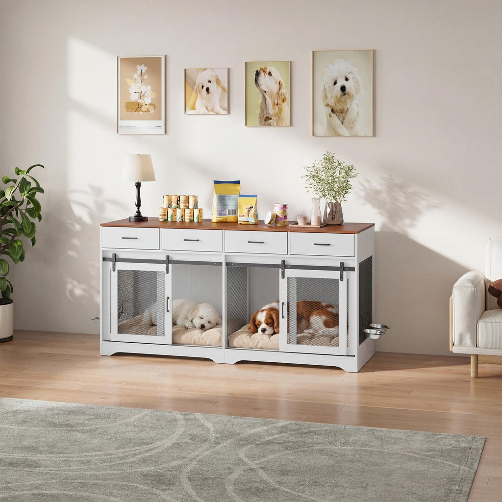 Garvee Multi-Functional Dog Crate Furniture for Medium/Large Dogs – 71'' Indoor Kennel Cage with 4 Sliding Doors, 4 Drawers & Feeding Bowls – Furniture-Style, Walnut & White – US Spec, Color: Walnut+White